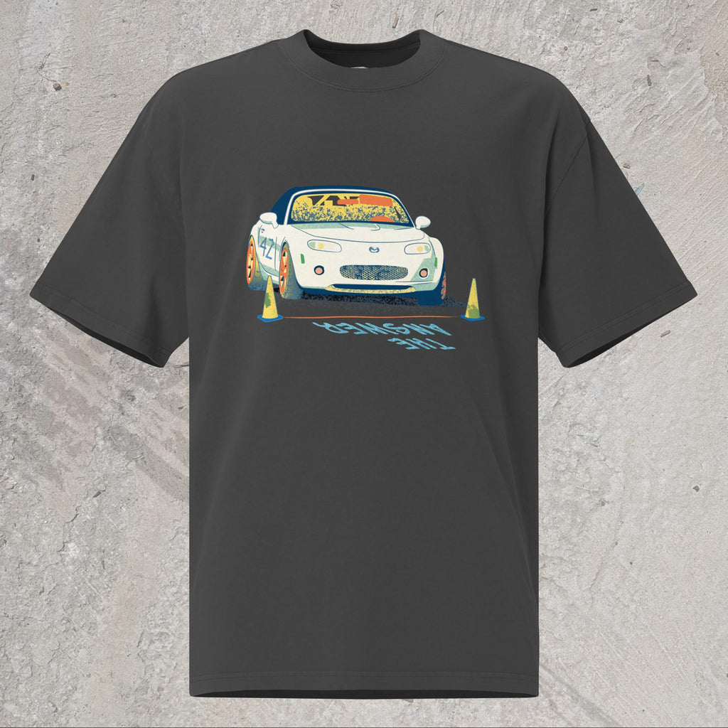 10mm funny car graphic black oversized T-shirt displaying a white Mazda Miata about to race with the words “THE ANSWER” painted on the road.