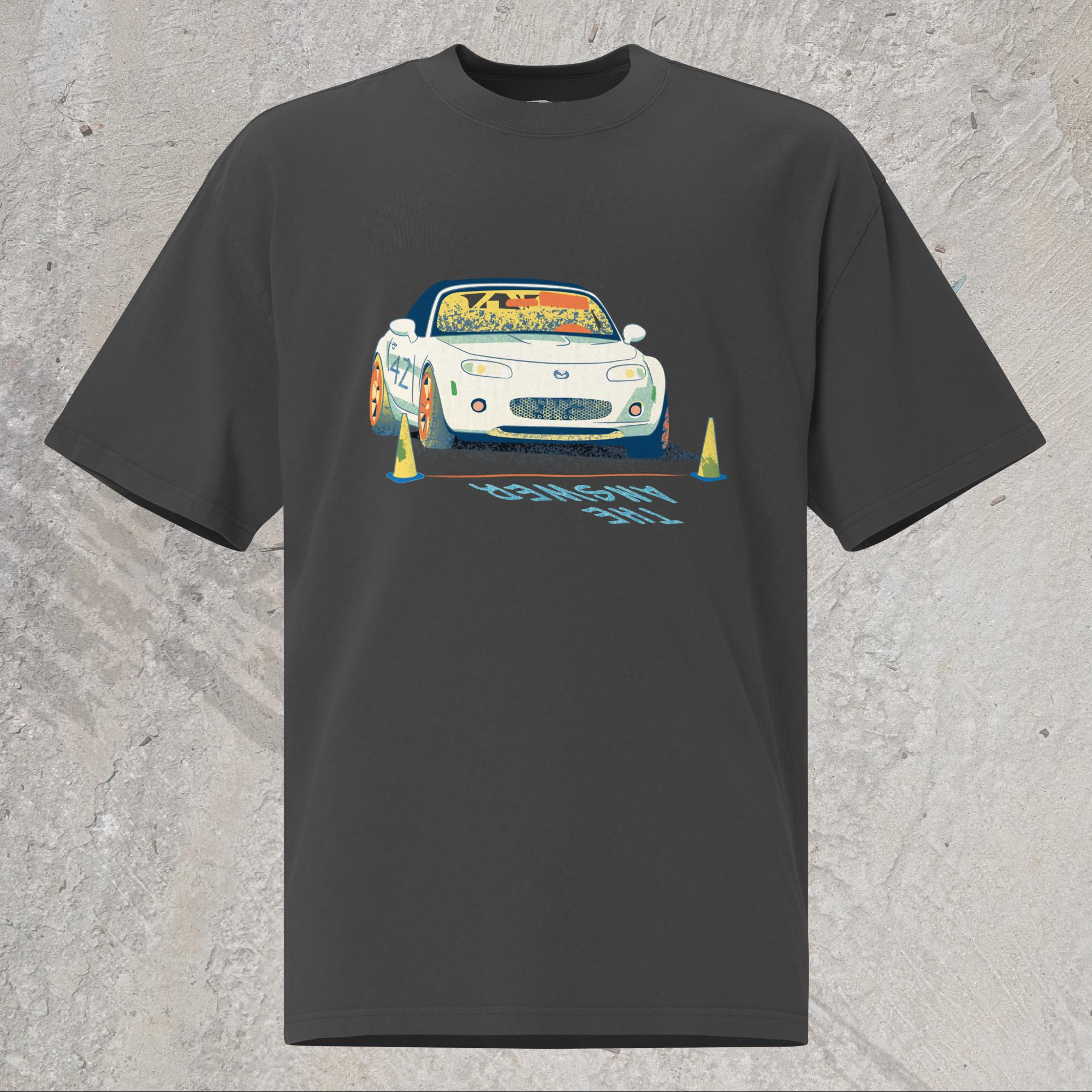 10mm funny car graphic black oversized T-shirt displaying a white Mazda Miata about to race with the words “THE ANSWER” painted on the road.