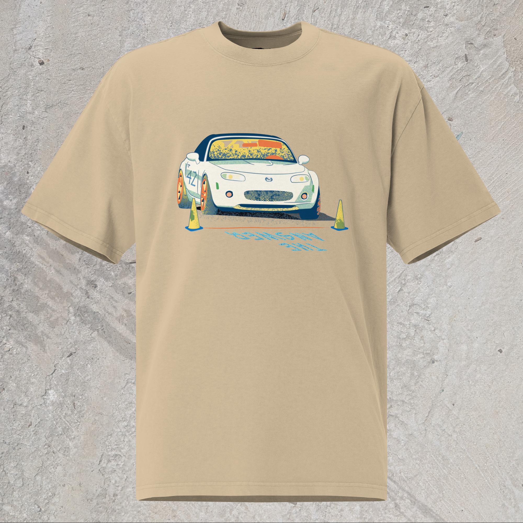 10mm funny car graphic khaki oversized T-shirt displaying a white Mazda Miata about to race with the words “THE ANSWER” painted on the road.