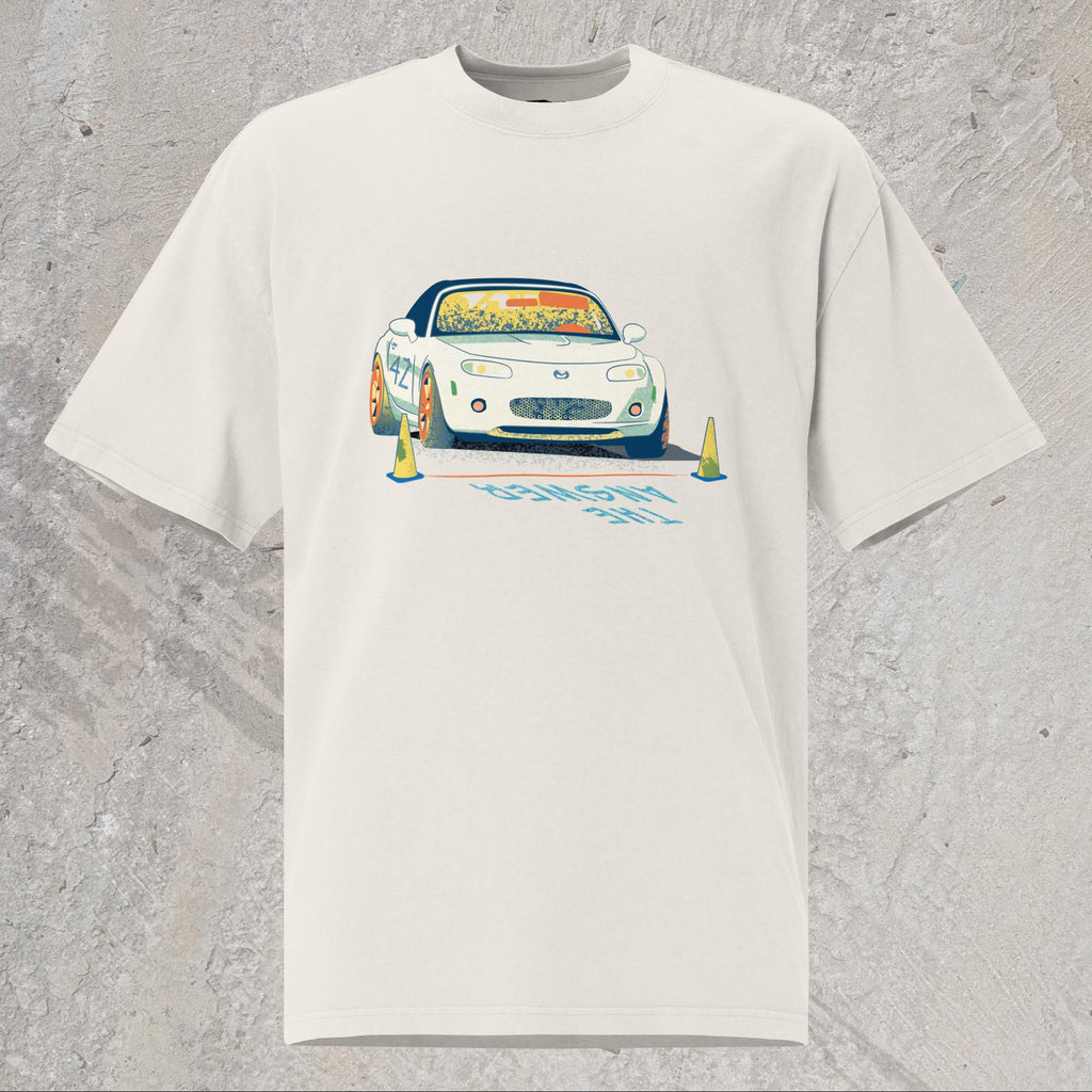 10mm funny car graphic white oversized T-shirt displaying a white Mazda Miata about to race with the words “THE ANSWER” painted on the road.