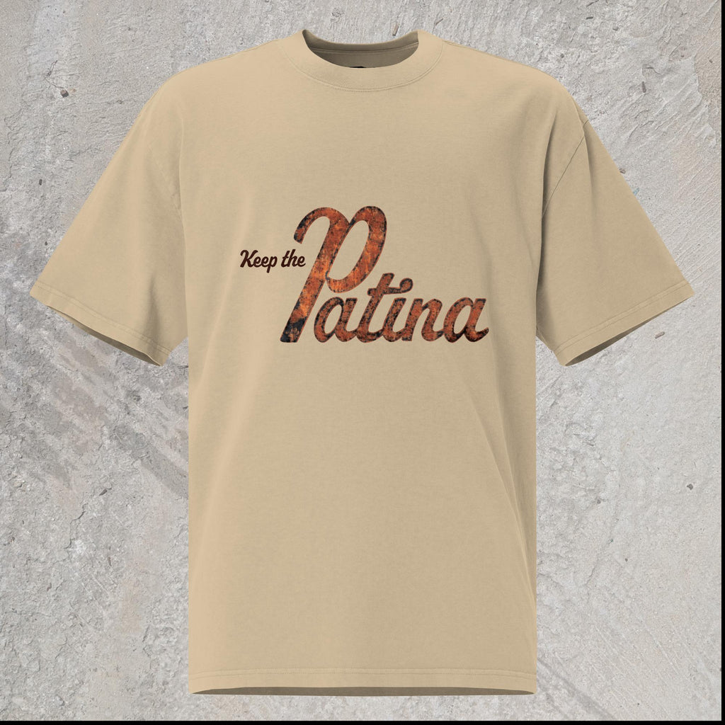 10mm funny car graphic khaki oversized T-shirt that reads “Keep the Patina” in rust texture and color