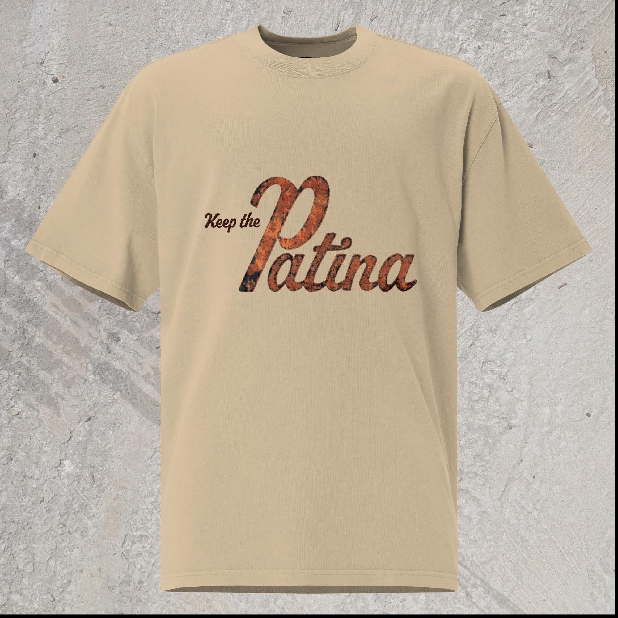 10mm funny car graphic khaki oversized T-shirt that reads “Keep the Patina” in rust texture and color
