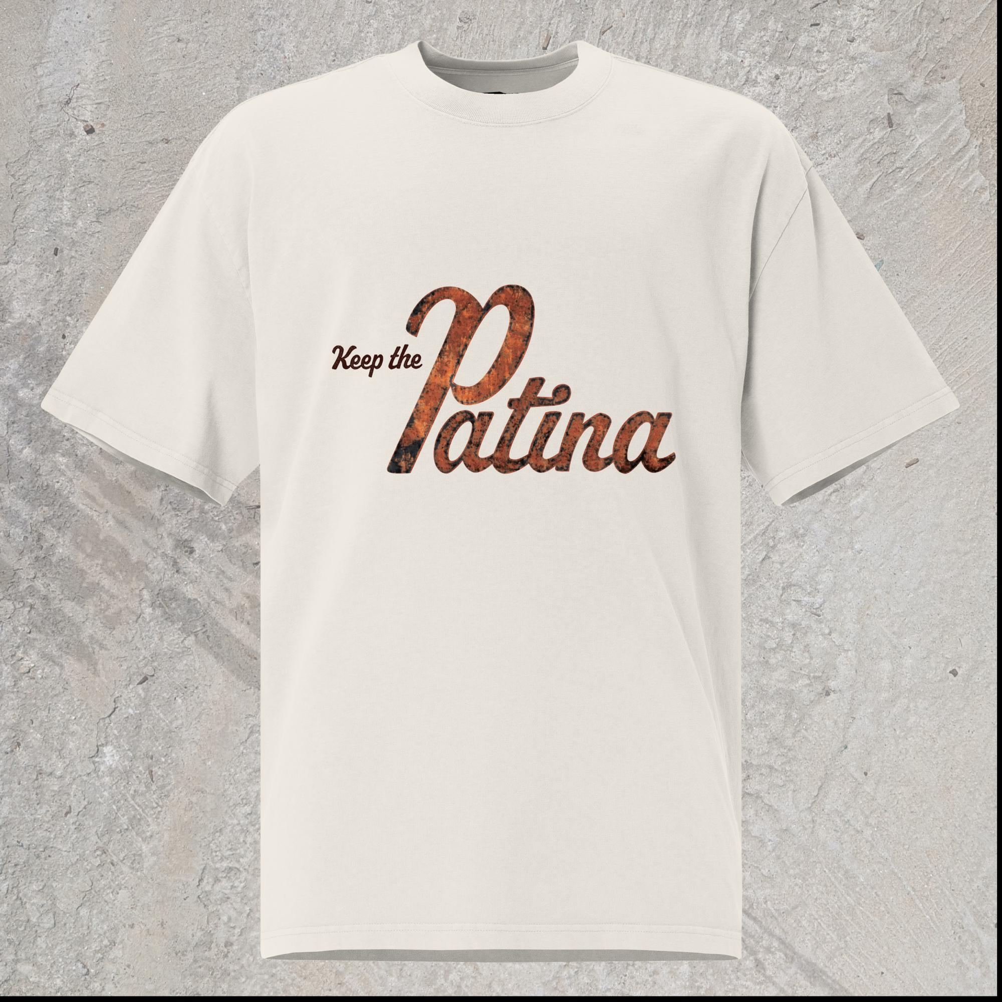10mm funny car graphic white oversized T-shirt that reads “Keep the Patina” in rust texture and color