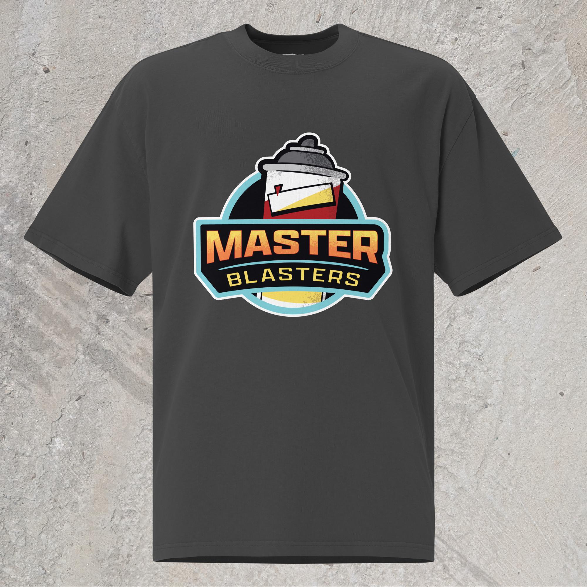 10mm funny car graphic black oversized T-shirt displaying logo for fictional sports team “MASTER BLASTERS” with a can of PB blaster as the mascot.
