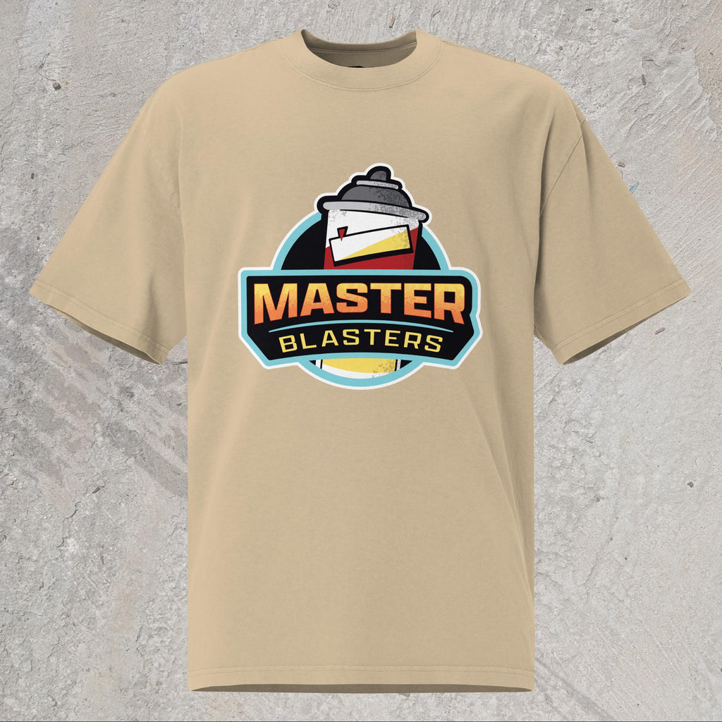 10mm funny car graphic khaki oversized T-shirt displaying logo for fictional sports team “MASTER BLASTERS” with a can of PB blaster as the mascot.