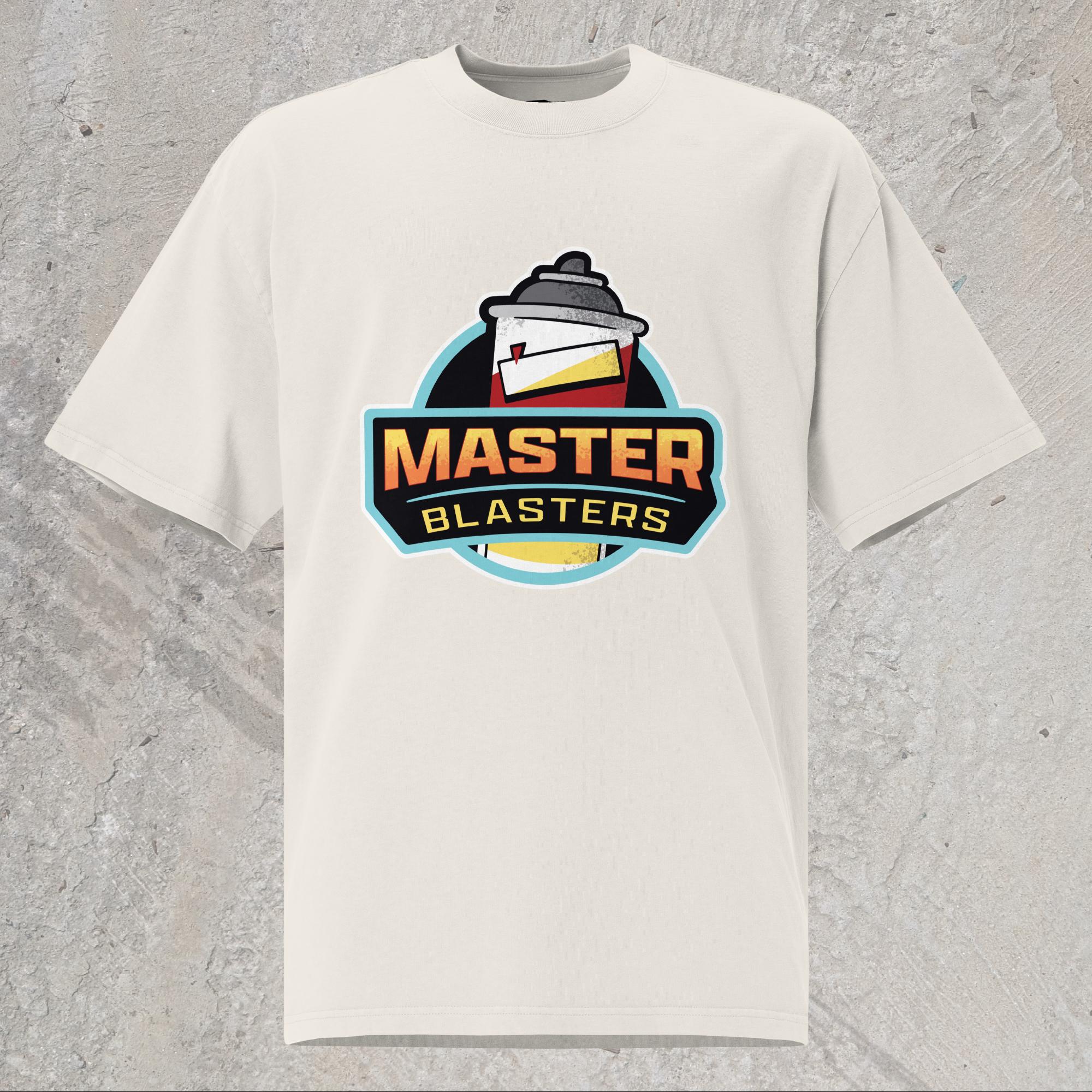 10mm funny car graphic white oversized T-shirt displaying logo for fictional sports team “MASTER BLASTERS” with a can of PB blaster as the mascot.