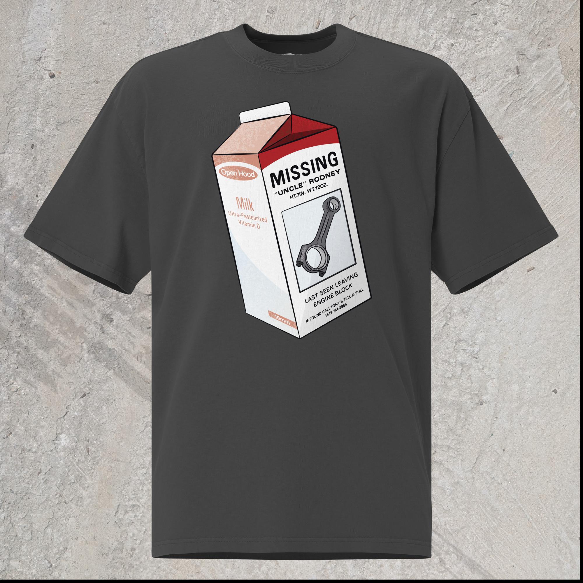 10mm funny car graphic black oversized T-shirt showing milk carton with a Missing announcement. Picture of a connecting rod named “Uncle Rodney” and text “Last seen leaving engine block”.