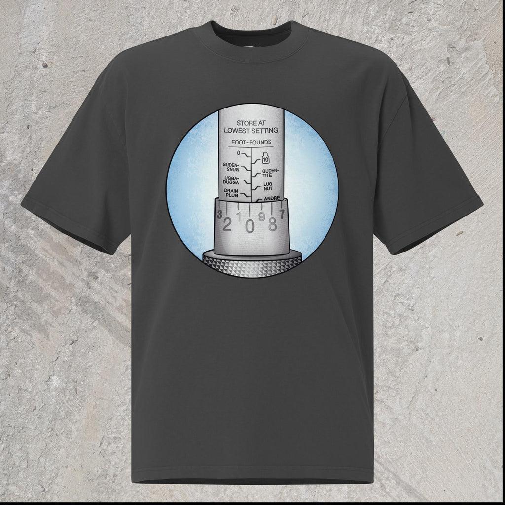 10mm funny car graphic black oversized T-shirt showing close-up of torque wrench with alternative names for each increment – Ugga-Dugga, Guden Snug, Guden Tite, Drain Plug, Andre the Giant. 