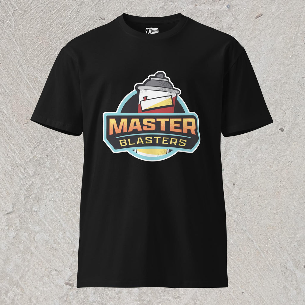 10mm funny car graphic black T-shirt displaying logo for fictional sports team “MASTER BLASTERS” with a can of PB blaster as the mascot.