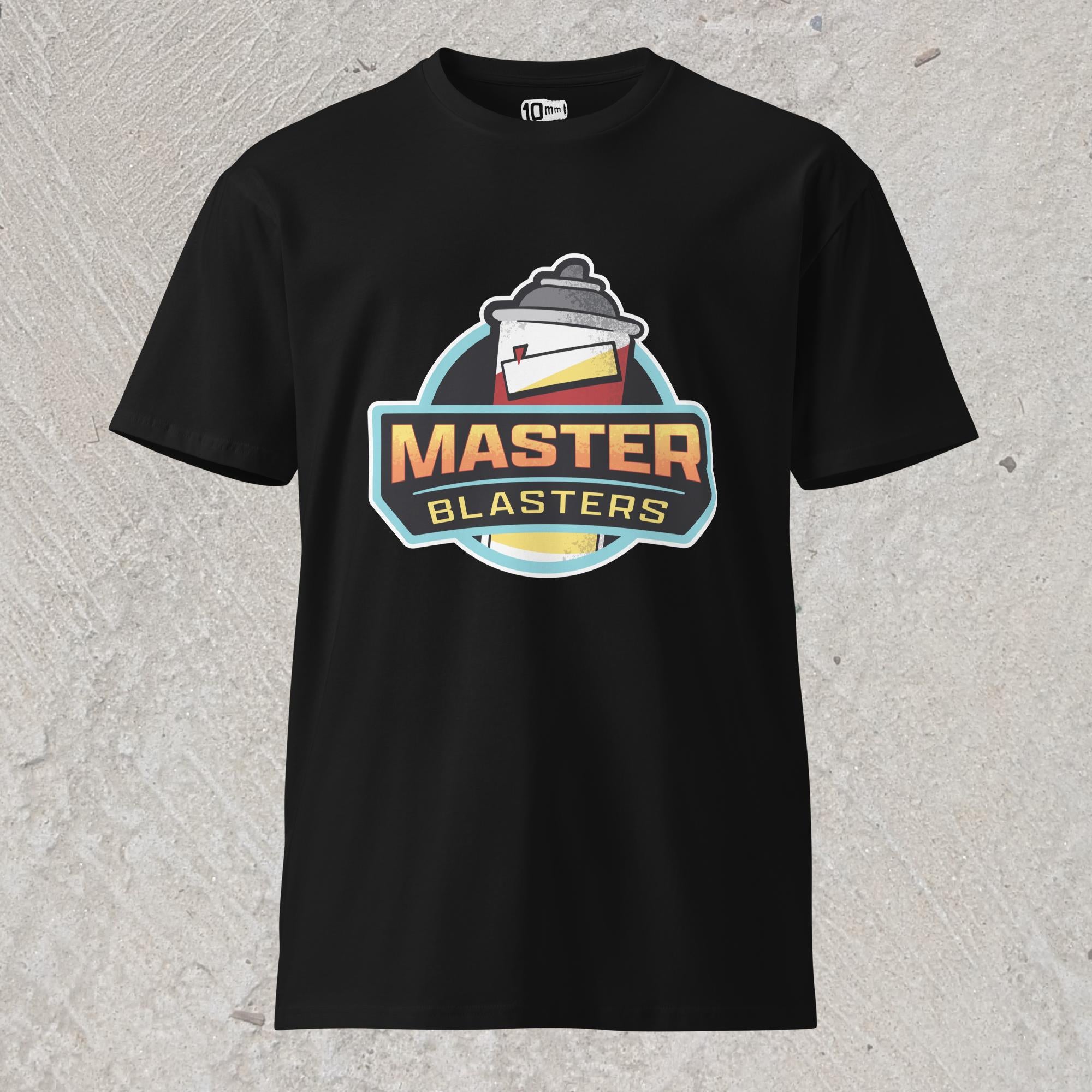 10mm funny car graphic black T-shirt displaying logo for fictional sports team “MASTER BLASTERS” with a can of PB blaster as the mascot.