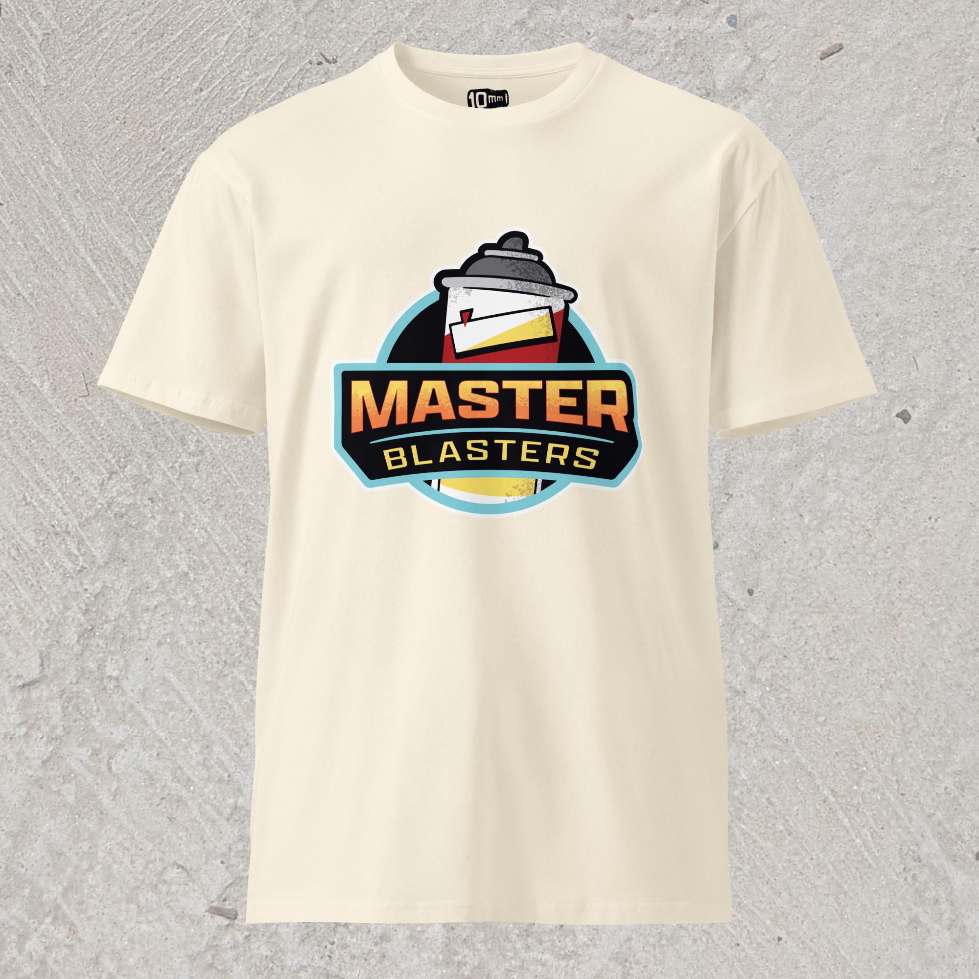 10mm funny car graphic cream T-shirt displaying logo for fictional sports team “MASTER BLASTERS” with a can of PB blaster as the mascot.