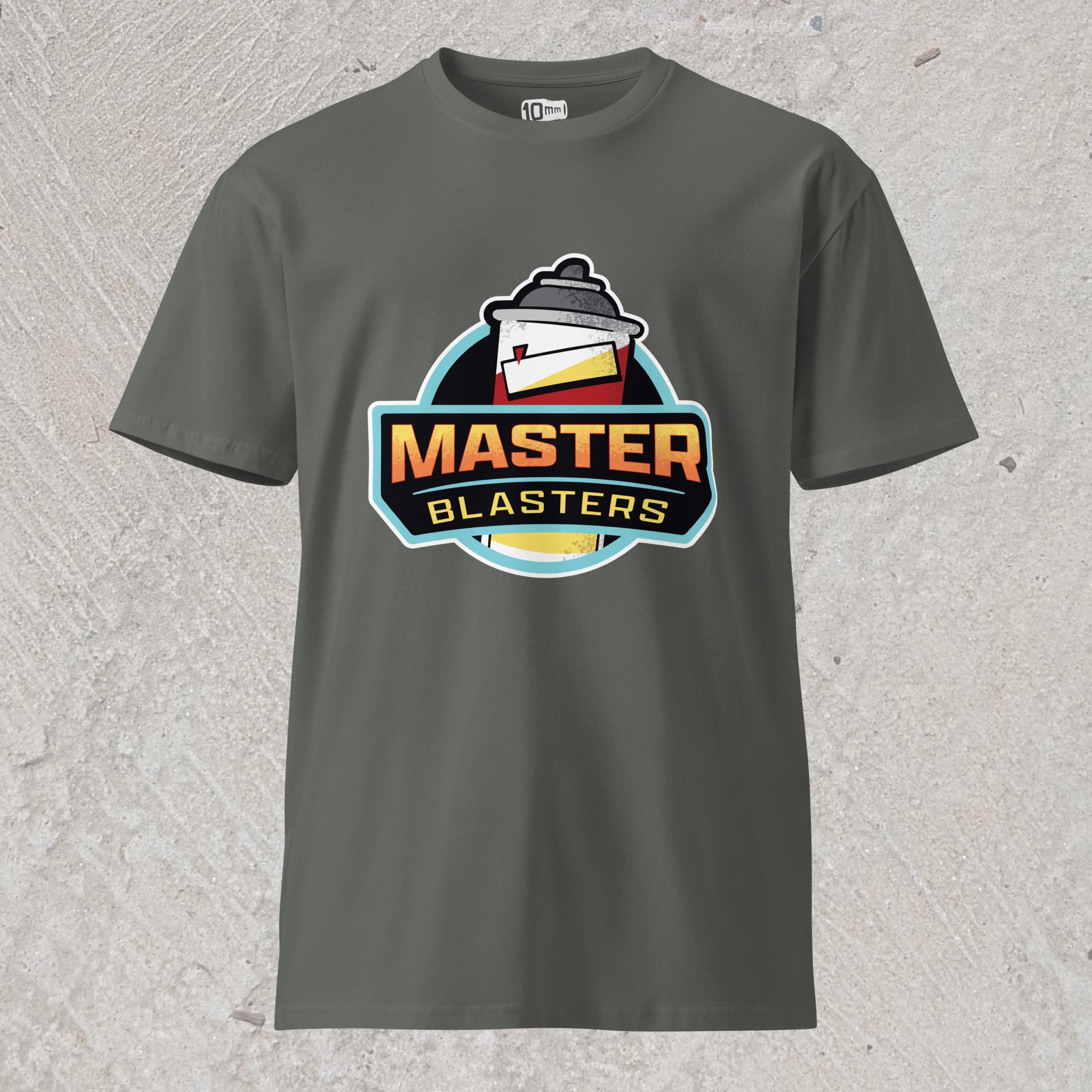 10mm funny car graphic gray T-shirt displaying logo for fictional sports team “MASTER BLASTERS” with a can of PB blaster as the mascot.