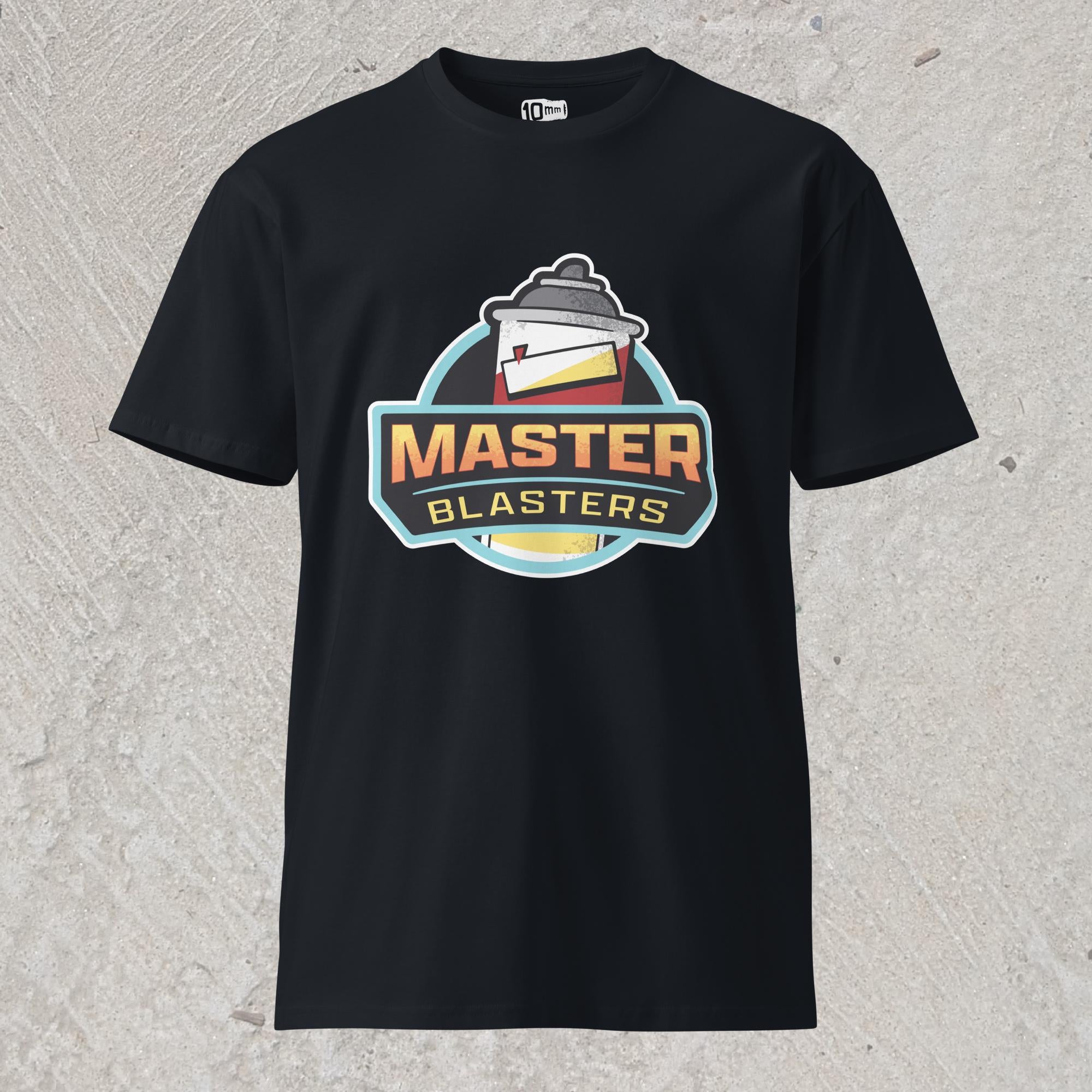 10mm funny car graphic navy T-shirt displaying logo for fictional sports team “MASTER BLASTERS” with a can of PB blaster as the mascot.
