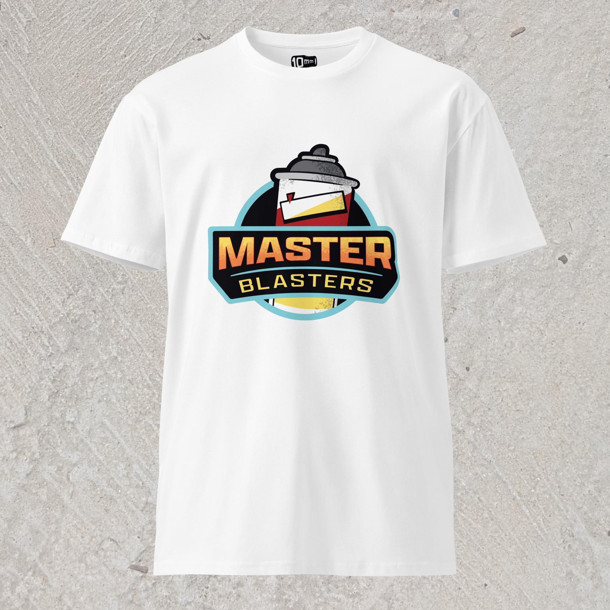 10mm funny car graphic white T-shirt displaying logo for fictional sports team “MASTER BLASTERS” with a can of PB blaster as the mascot.