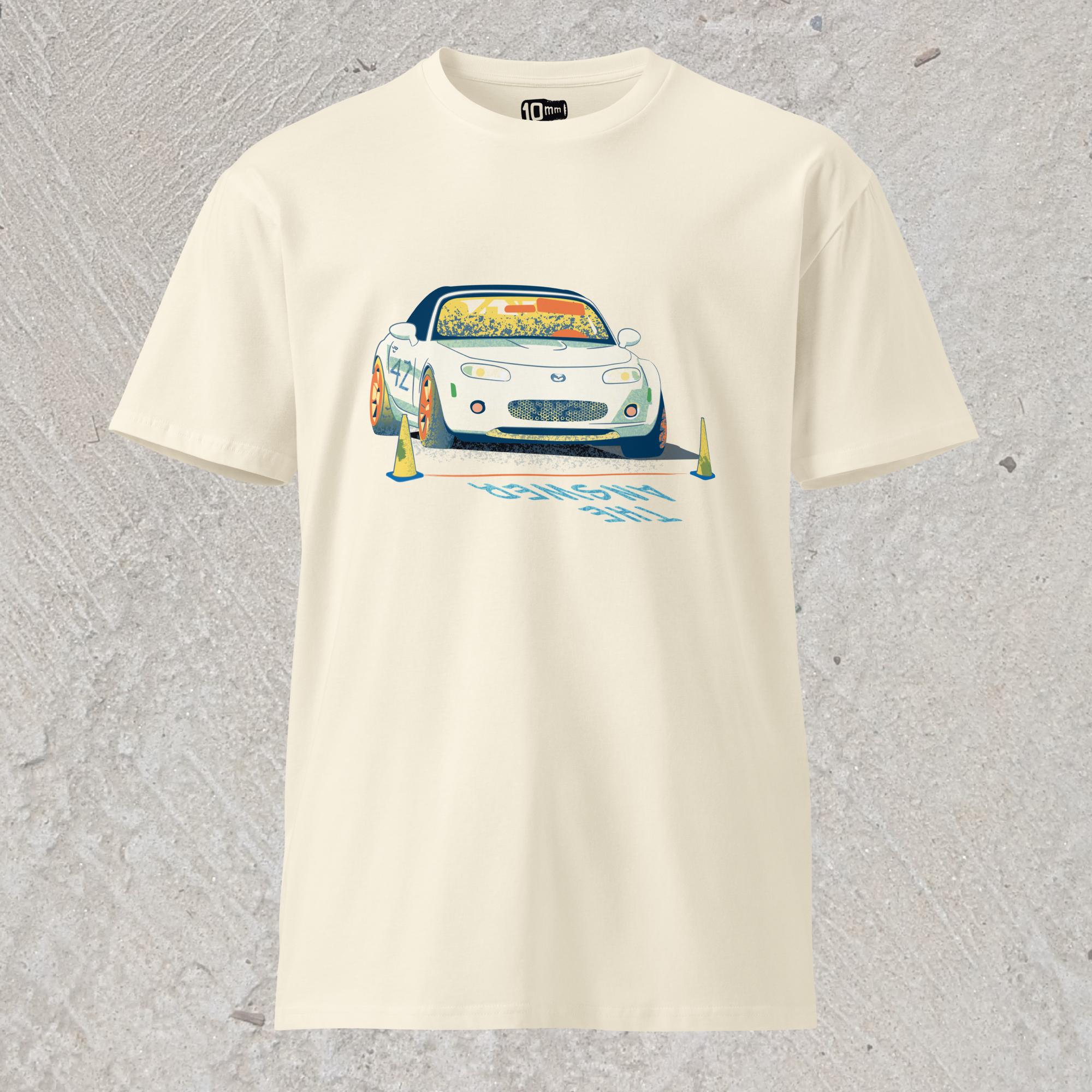 10mm funny car graphic cream colored T-shirt displaying a white Mazda Miata about to race with the words “THE ANSWER” painted on the road.