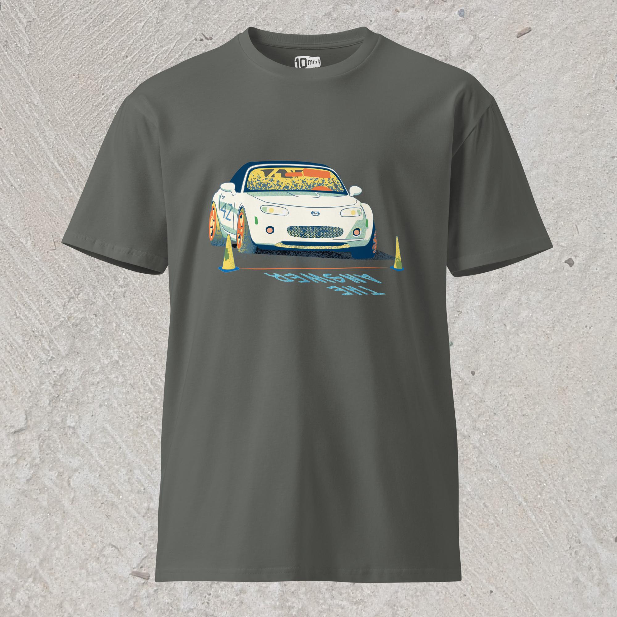 10mm funny car graphic gray T-shirt displaying a white Mazda Miata about to race with the words “THE ANSWER” painted on the road.