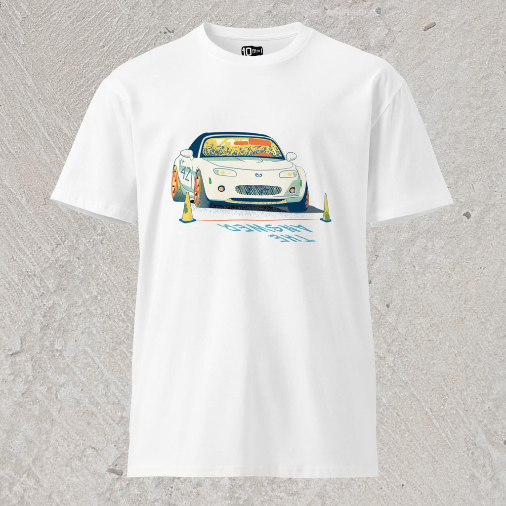 10mm funny car graphic white T-shirt displaying a white Mazda Miata about to race with the words “THE ANSWER” painted on the road.