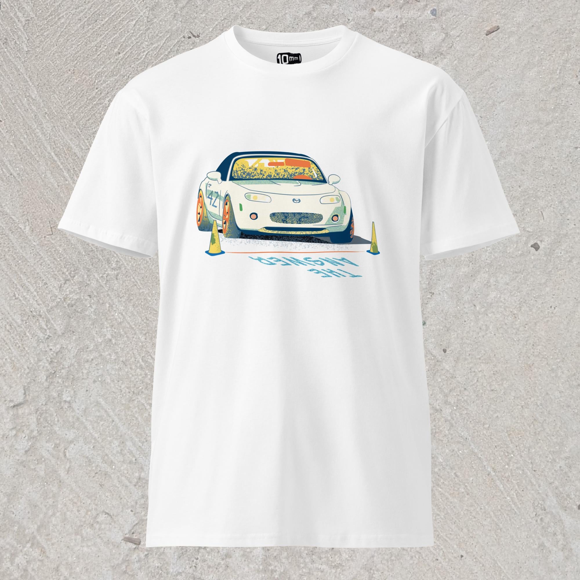 10mm funny car graphic white T-shirt displaying a white Mazda Miata about to race with the words “THE ANSWER” painted on the road.