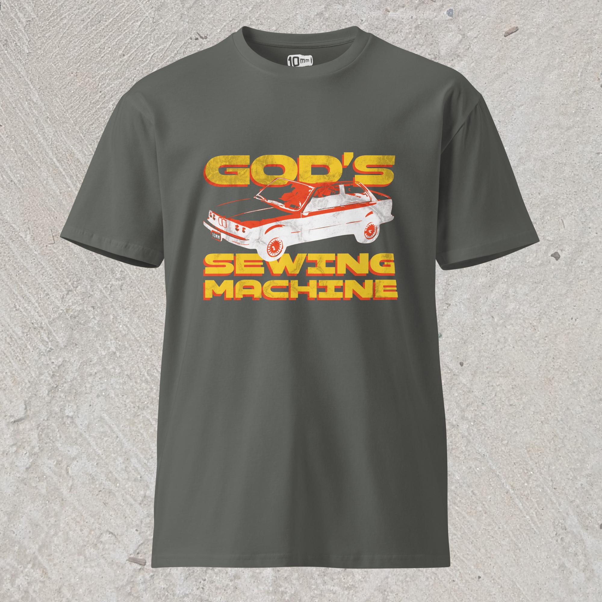 10mm funny car graphic gray T-shirt displaying BMW E30 with yellow text that reads “GOD’S SEWING MACHINE”