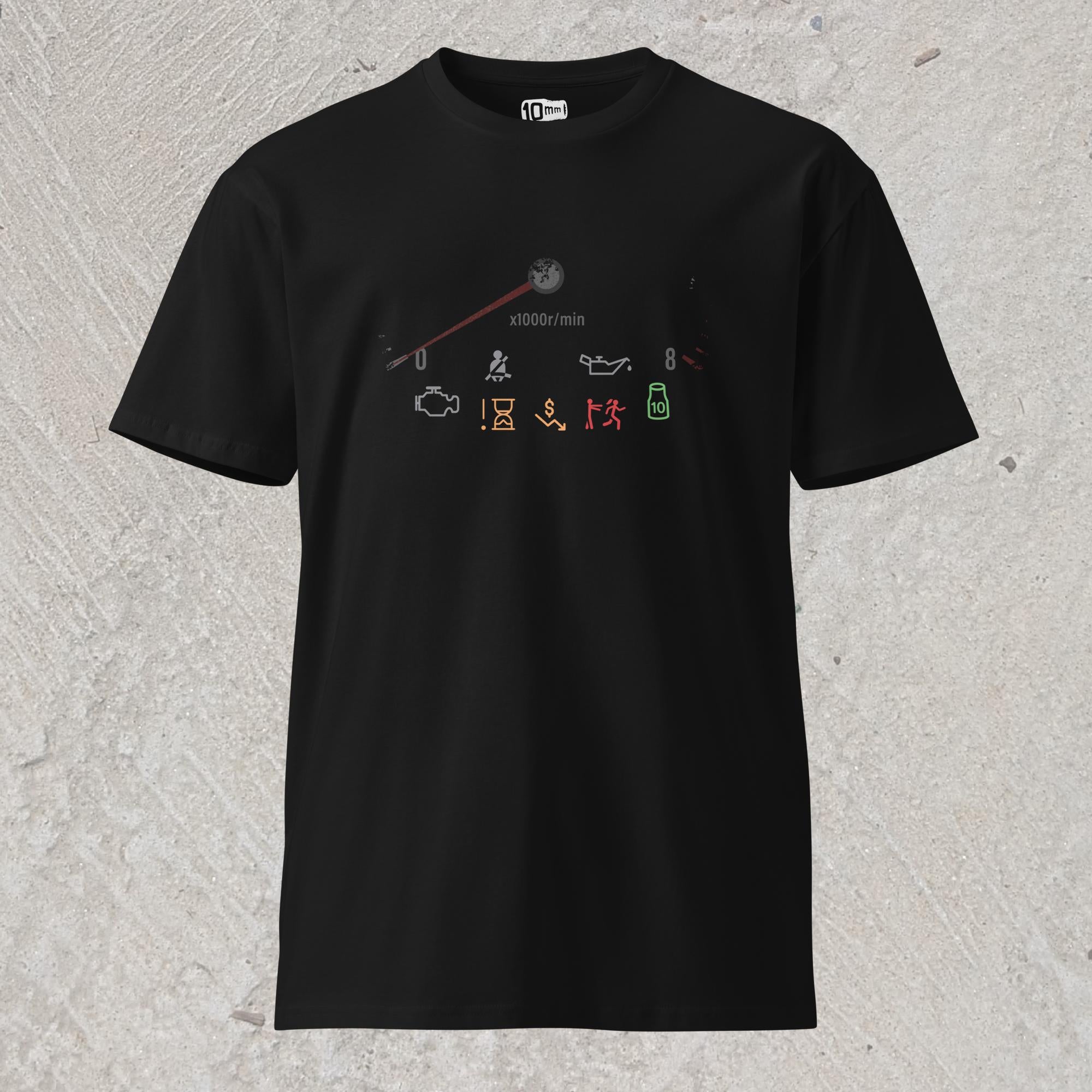 10mm funny car graphic black T-shirt showing car dashboard with fictional warning lights on: out of time, low on money, relationship problems, and 10mm socket.