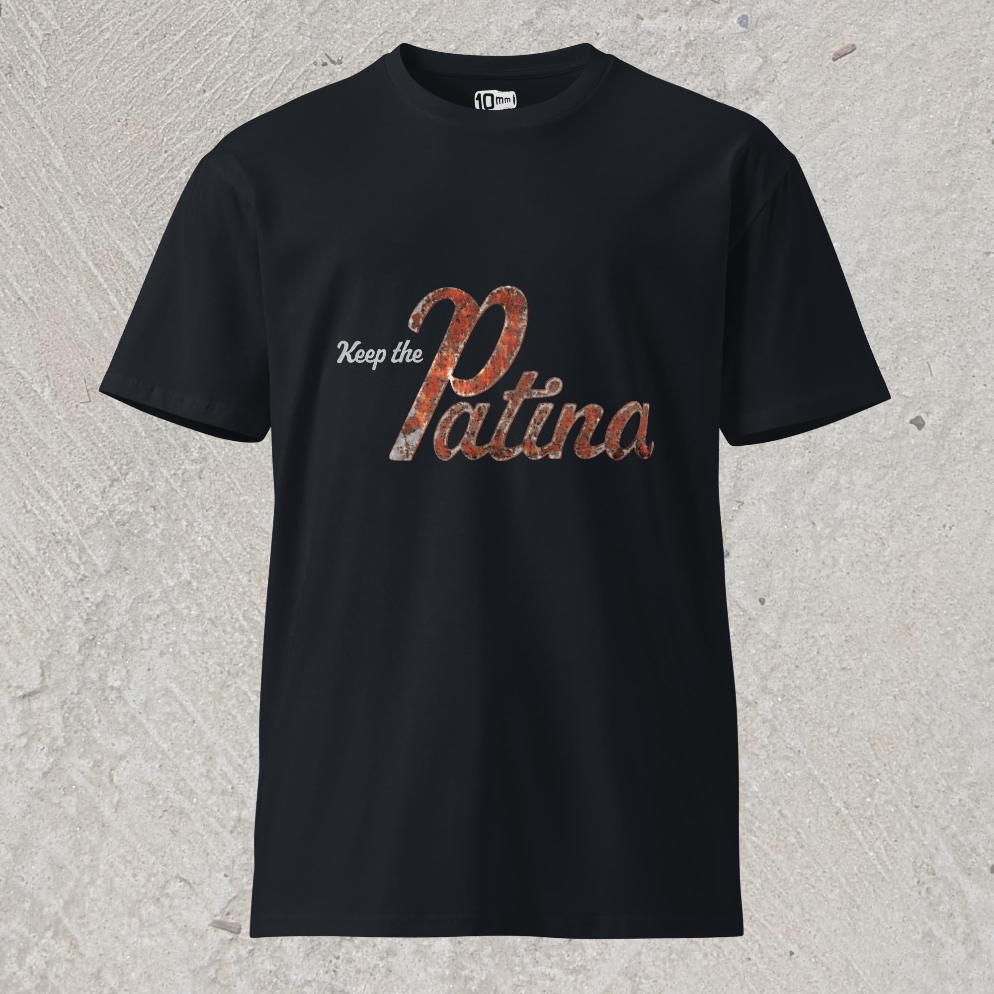 10mm funny car graphic navy T-shirt with  text "Keep the Patina"