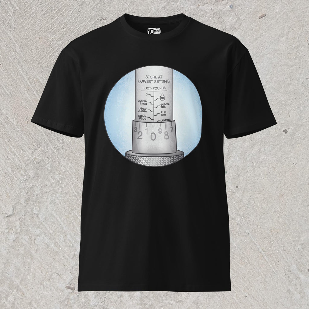 10mm funny car graphic black T-shirt showing close-up of torque wrench with alternative names for each increment – Ugga-Dugga, Guden Snug, Guden Tite, Drain Plug, Andre the Giant. 