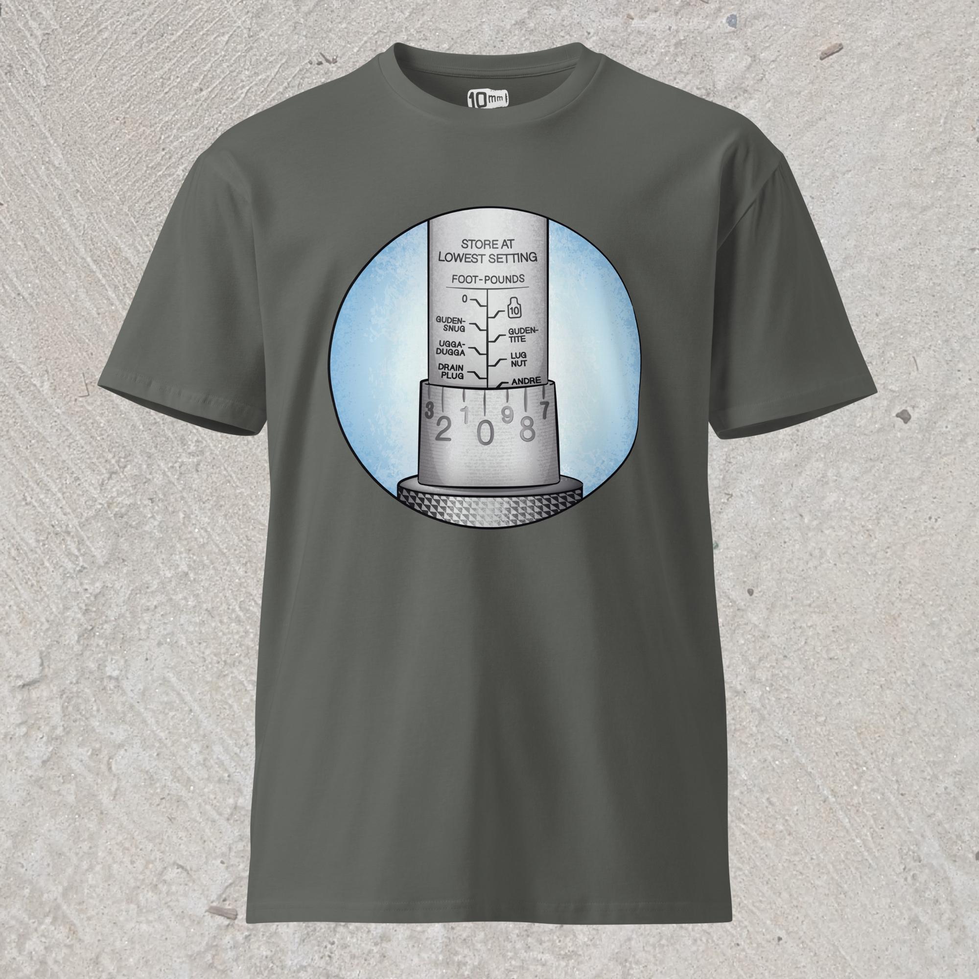 10mm funny car graphic gray T-shirt showing close-up of torque wrench with alternative names for each increment – Ugga-Dugga, Guden Snug, Guden Tite, Drain Plug, Andre the Giant. 