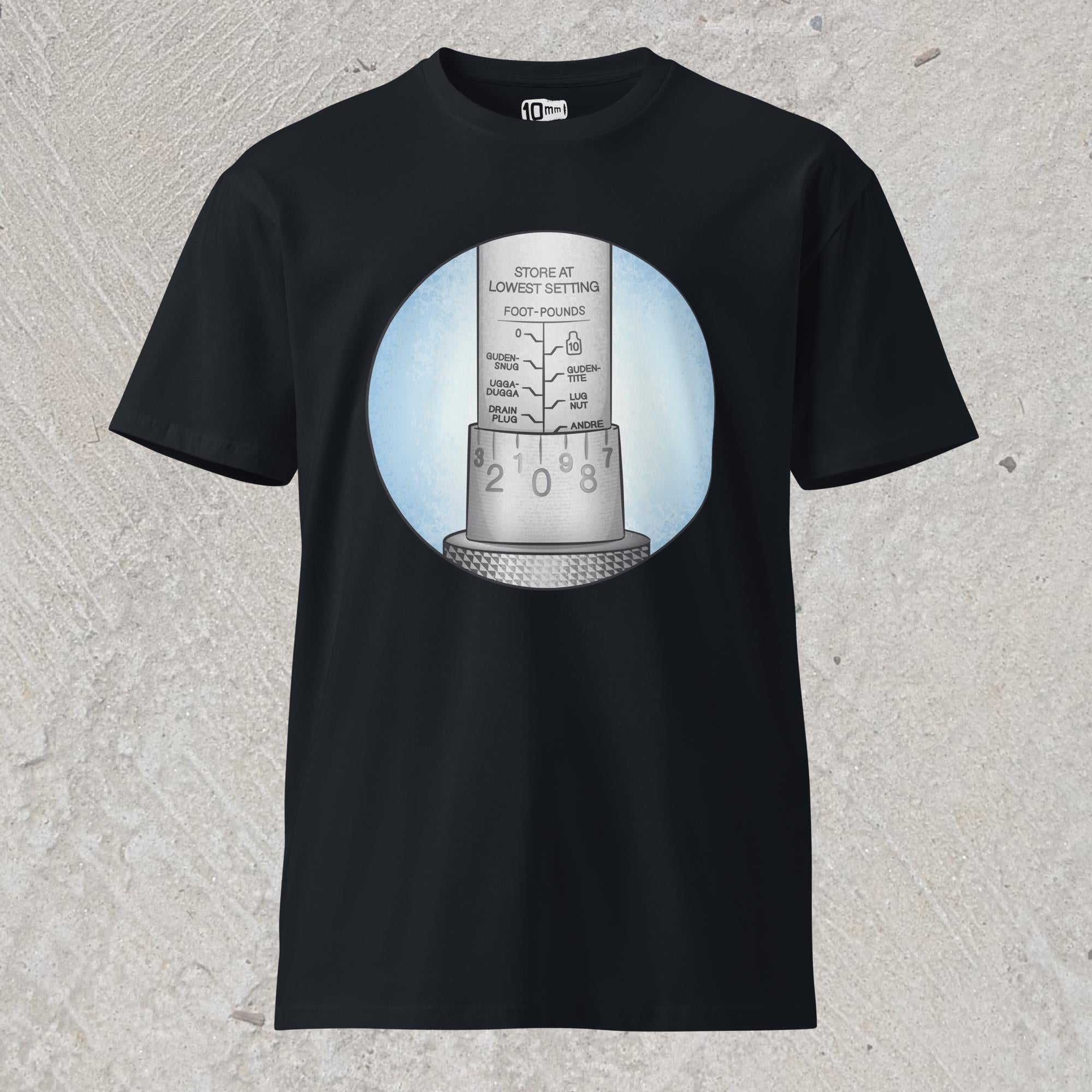 10mm funny car graphic navy T-shirt showing close-up of torque wrench with alternative names for each increment – Ugga-Dugga, Guden Snug, Guden Tite, Drain Plug, Andre the Giant. 