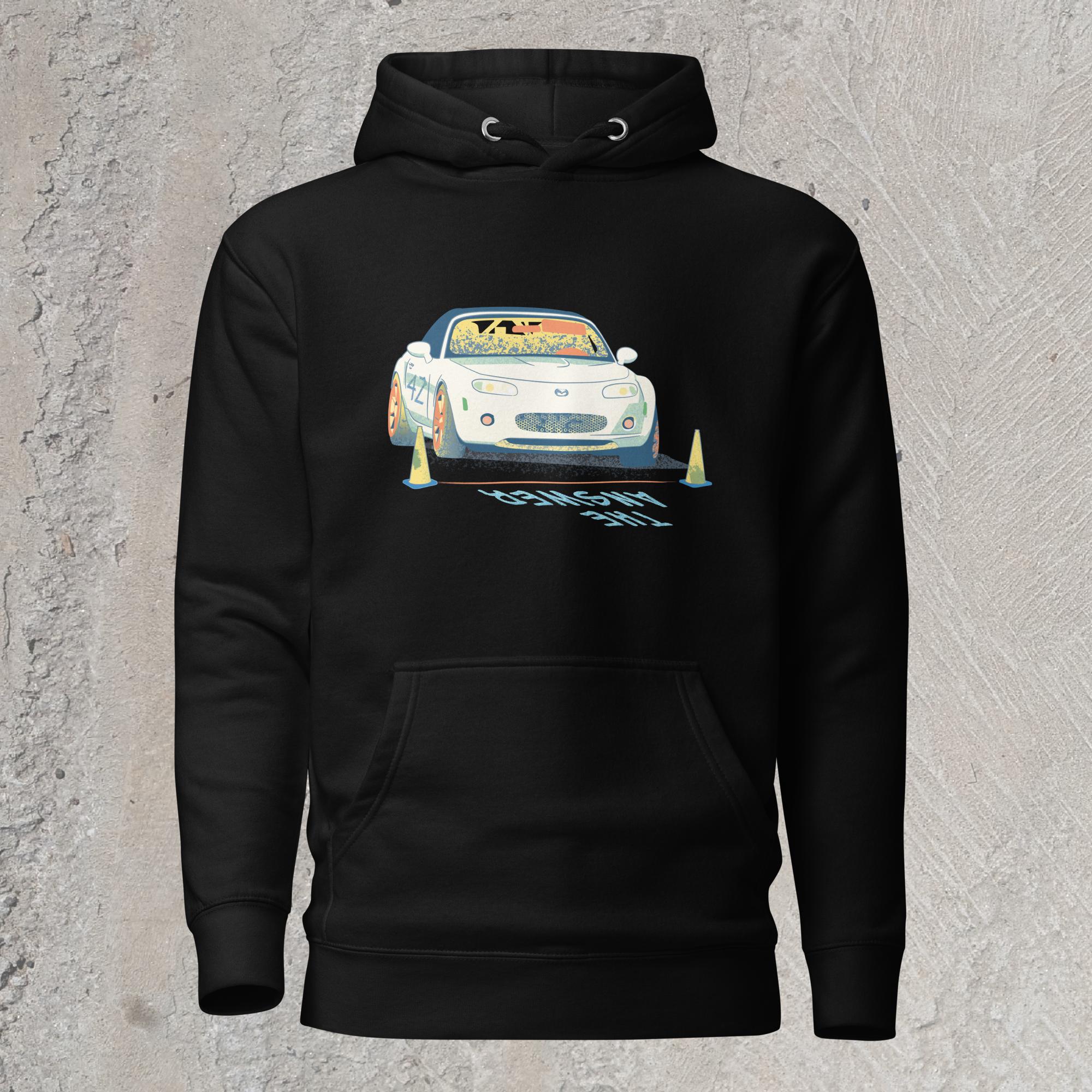 10mm funny car graphic black hoodie sweatshirt displaying a white Mazda Miata about to race with the words “THE ANSWER” painted on the road.