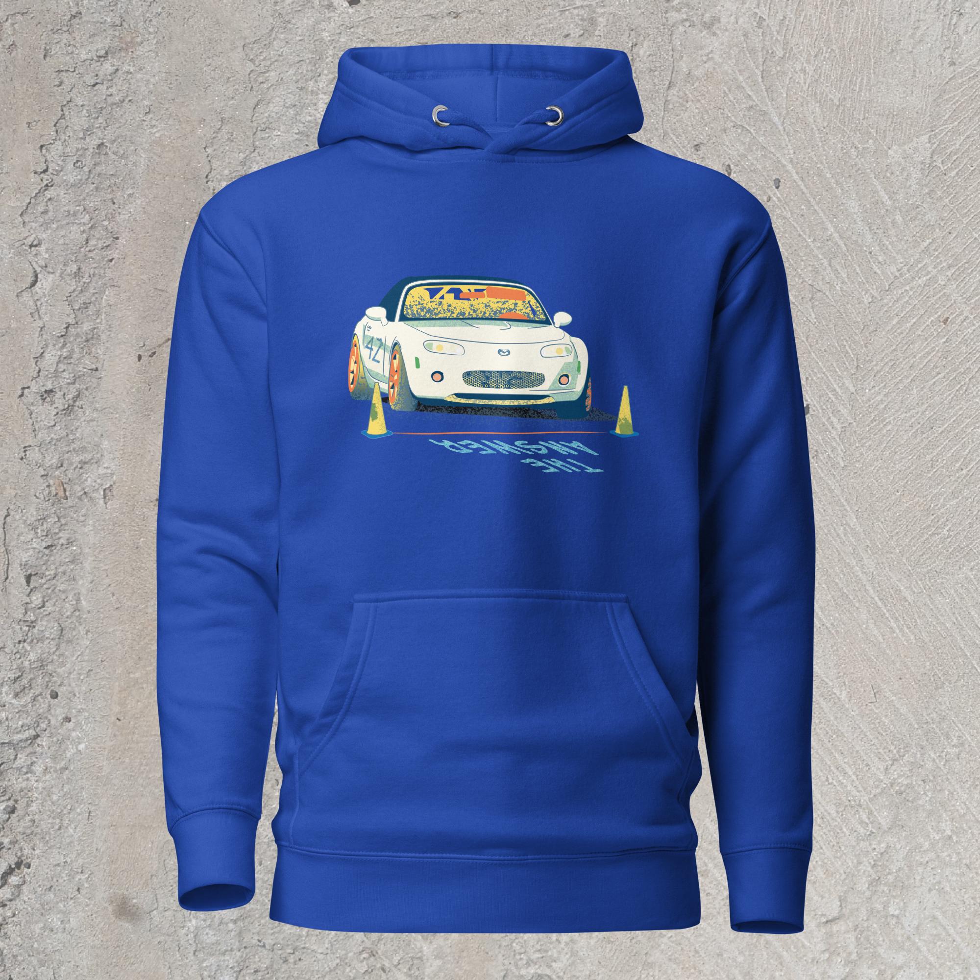10mm funny car graphic blue hoodie sweatshirt displaying a white Mazda Miata about to race with the words “THE ANSWER” painted on the road.