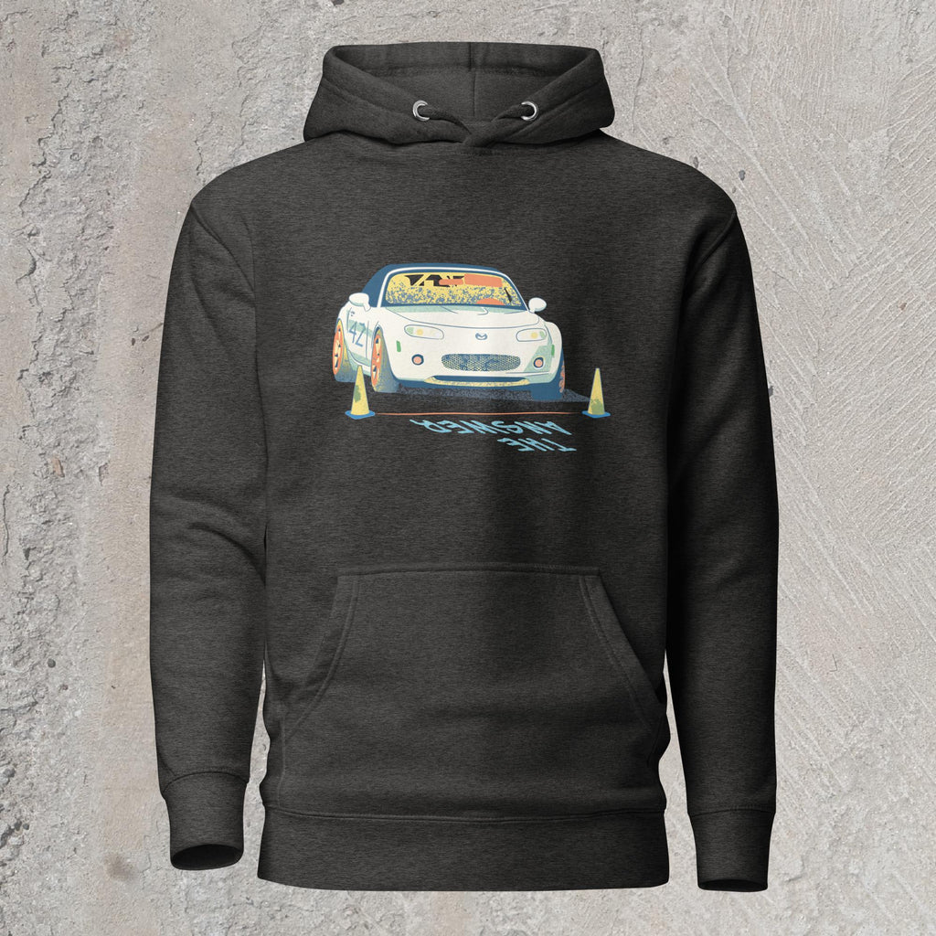 10mm funny car graphic charcoal hoodie sweatshirt displaying a white Mazda Miata about to race with the words “THE ANSWER” painted on the road.