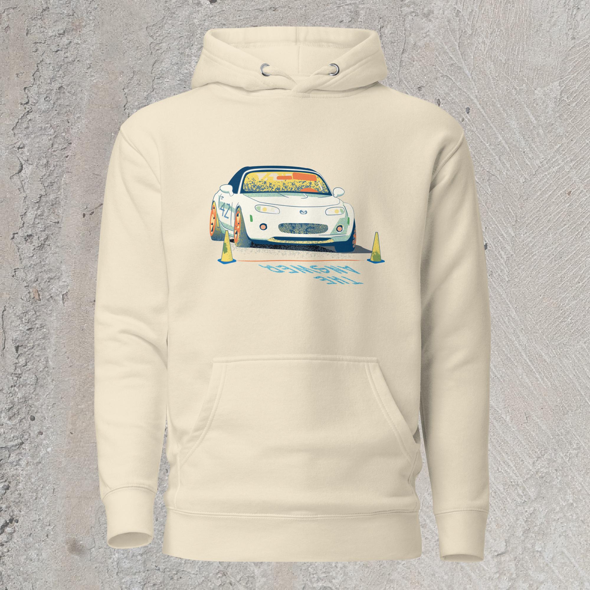 10mm funny car graphic cream colored hoodie sweatshirt displaying a white Mazda Miata about to race with the words “THE ANSWER” painted on the road.