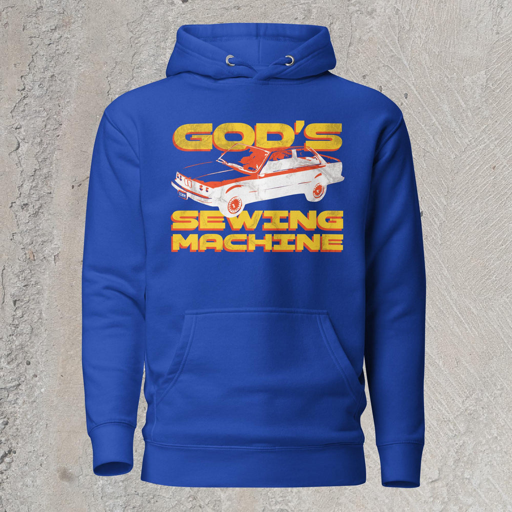 10mm funny car graphic blue hoodie sweatshirt displaying BMW E30 with yellow text that reads “GOD’S SEWING MACHINE”