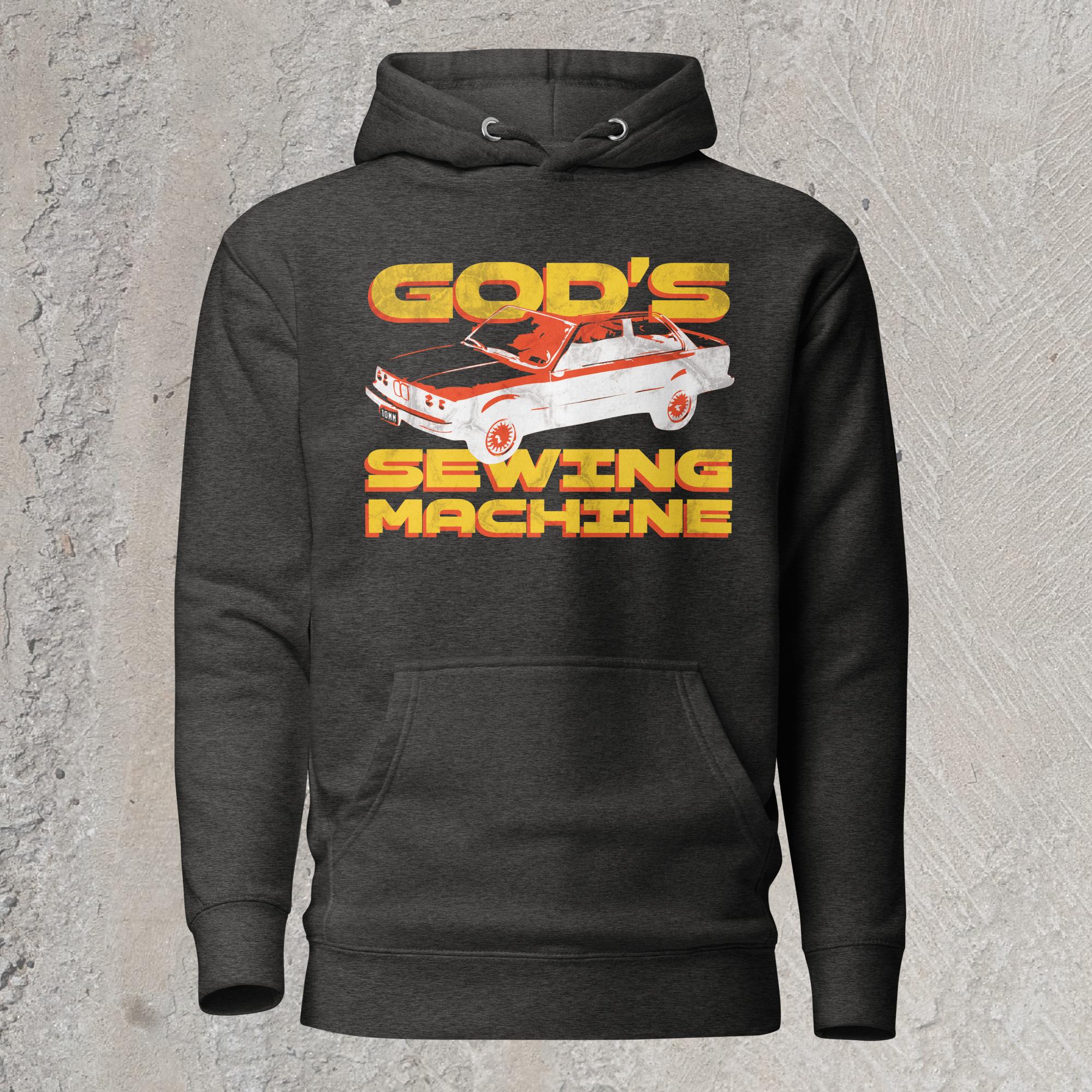 10mm funny car graphic charcoal hoodie sweatshirt displaying BMW E30 with yellow text that reads “GOD’S SEWING MACHINE”