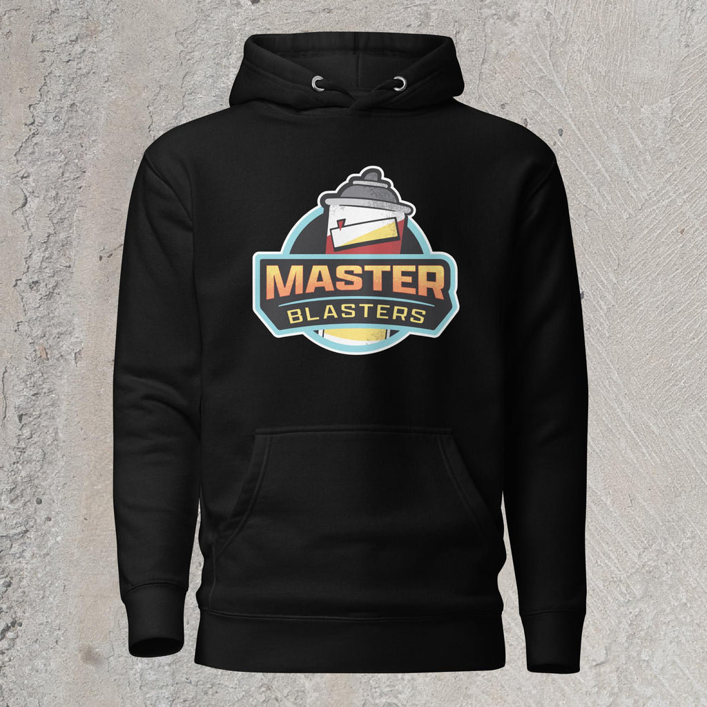 10mm funny car graphic black hoodie sweatshirt displaying logo for fictional sports team “MASTER BLASTERS” with a can of PB blaster as the mascot.