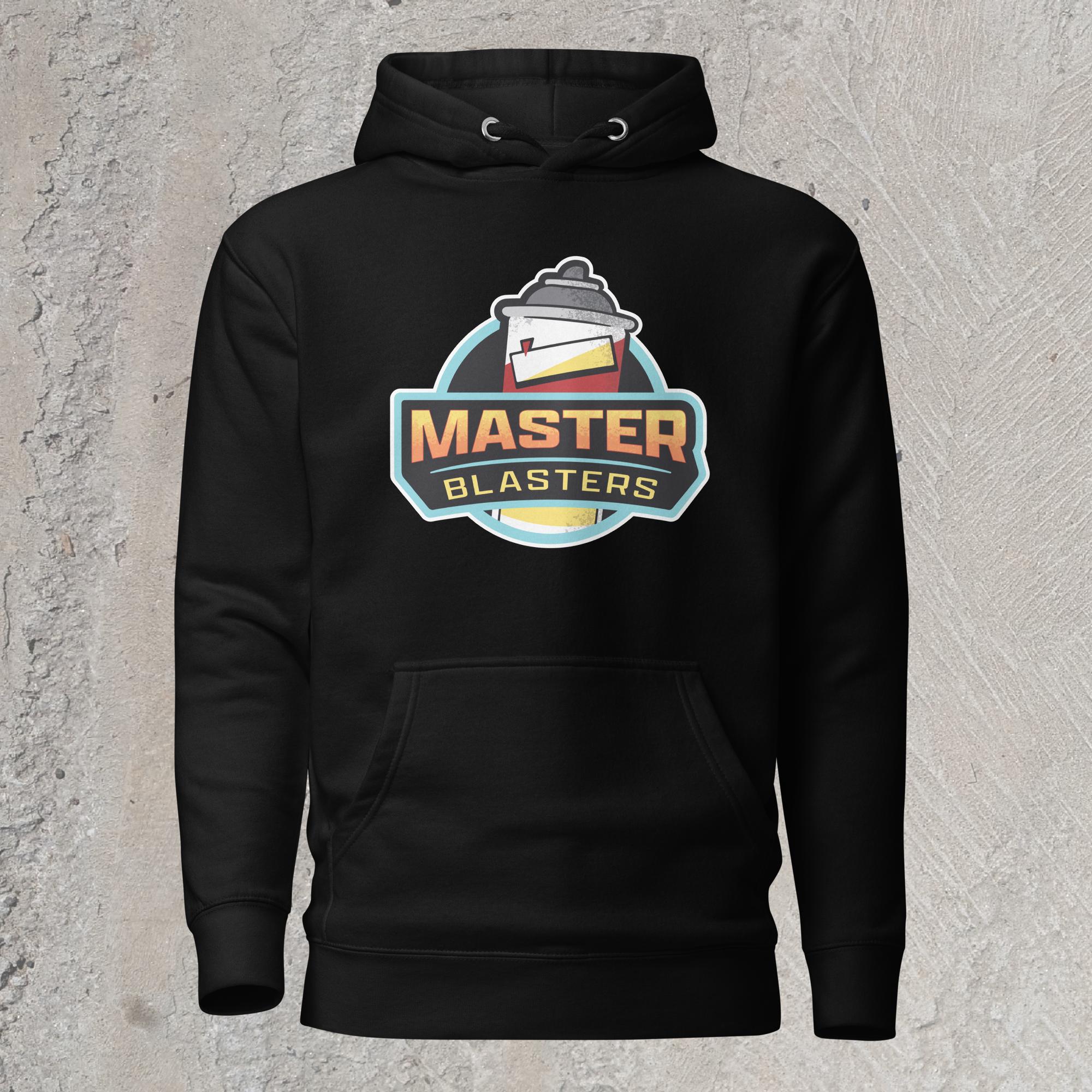 10mm funny car graphic black hoodie sweatshirt displaying logo for fictional sports team “MASTER BLASTERS” with a can of PB blaster as the mascot.