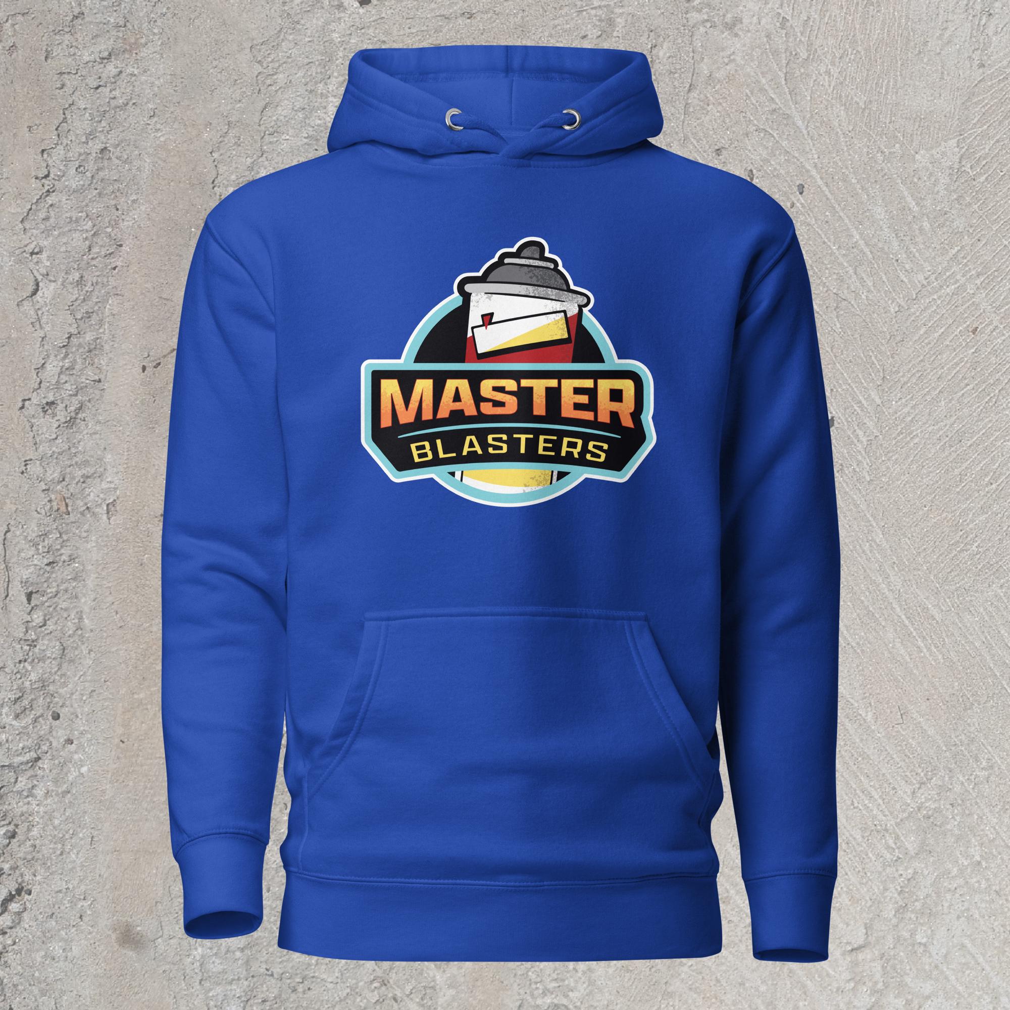10mm funny car graphic blue hoodie sweatshirt displaying logo for fictional sports team “MASTER BLASTERS” with a can of PB blaster as the mascot.