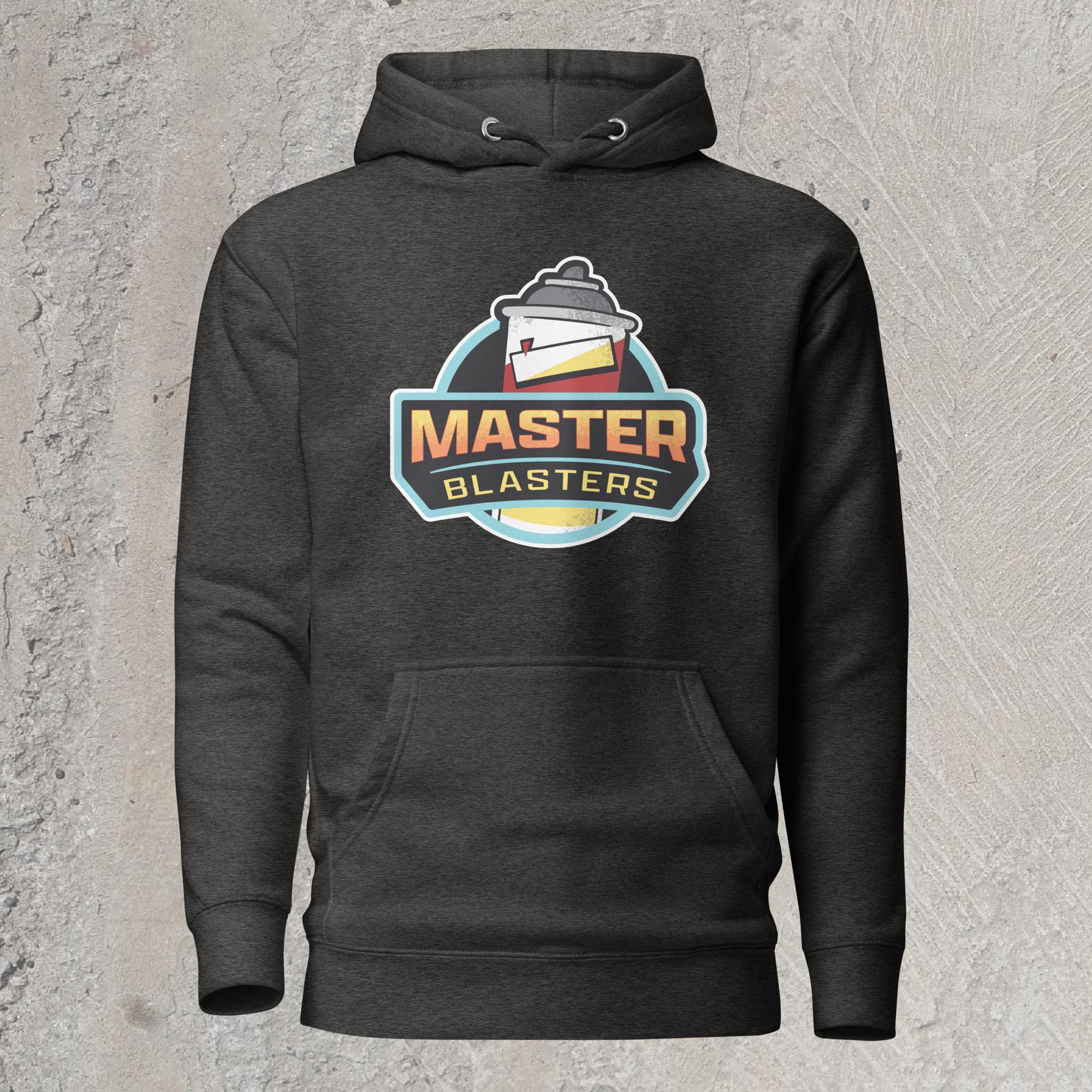 10mm funny car graphic charcoal hoodie sweatshirt displaying logo for fictional sports team “MASTER BLASTERS” with a can of PB blaster as the mascot.