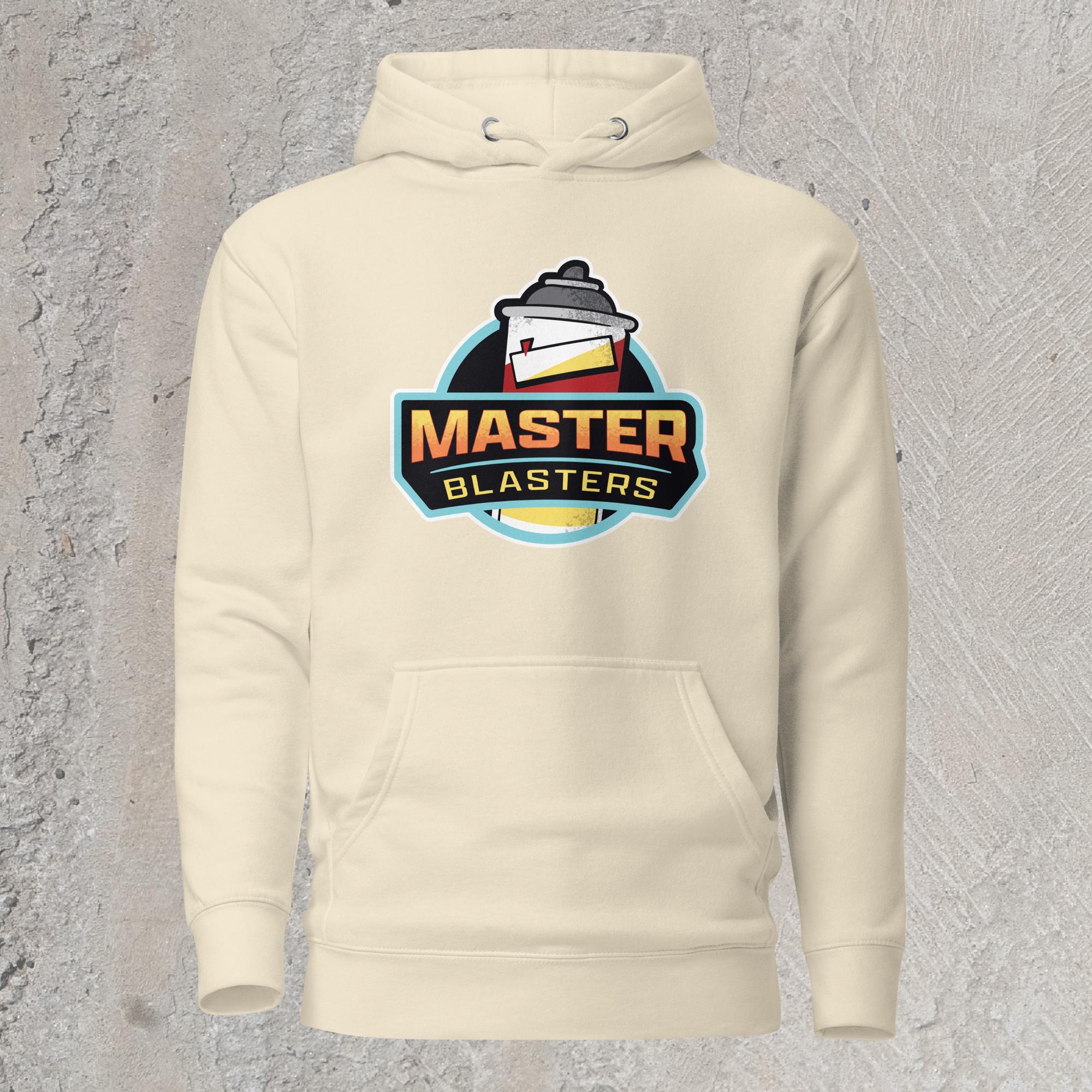 10mm funny car graphic cream colored white hoodie sweatshirt displaying logo for fictional sports team “MASTER BLASTERS” with a can of PB blaster as the mascot.