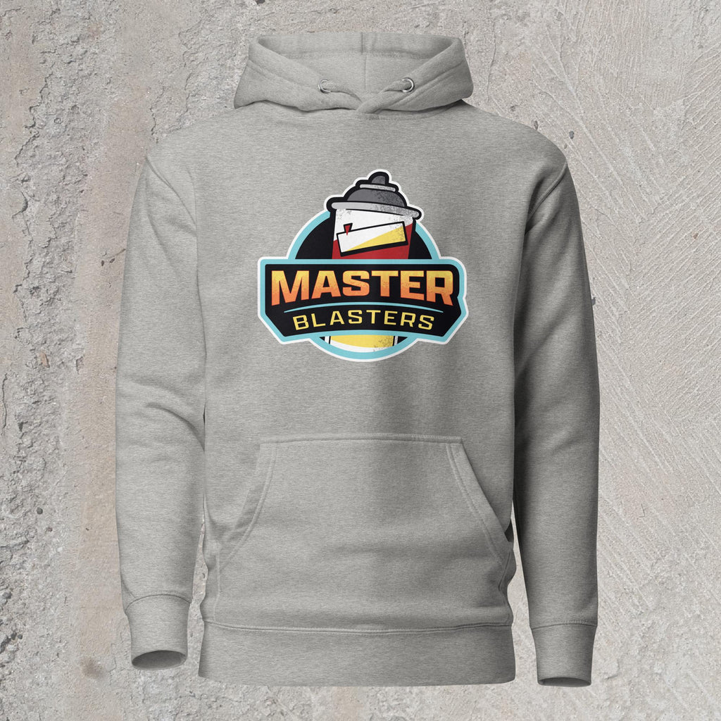 10mm funny car graphic gray hoodie sweatshirt displaying logo for fictional sports team “MASTER BLASTERS” with a can of PB blaster as the mascot.