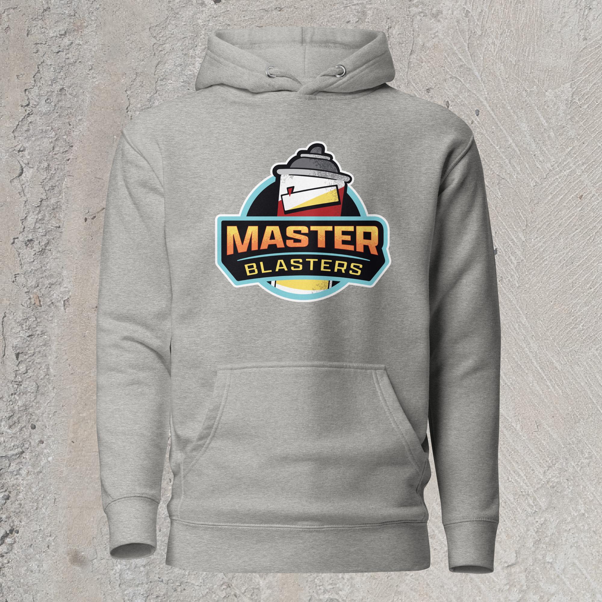 10mm funny car graphic gray hoodie sweatshirt displaying logo for fictional sports team “MASTER BLASTERS” with a can of PB blaster as the mascot.