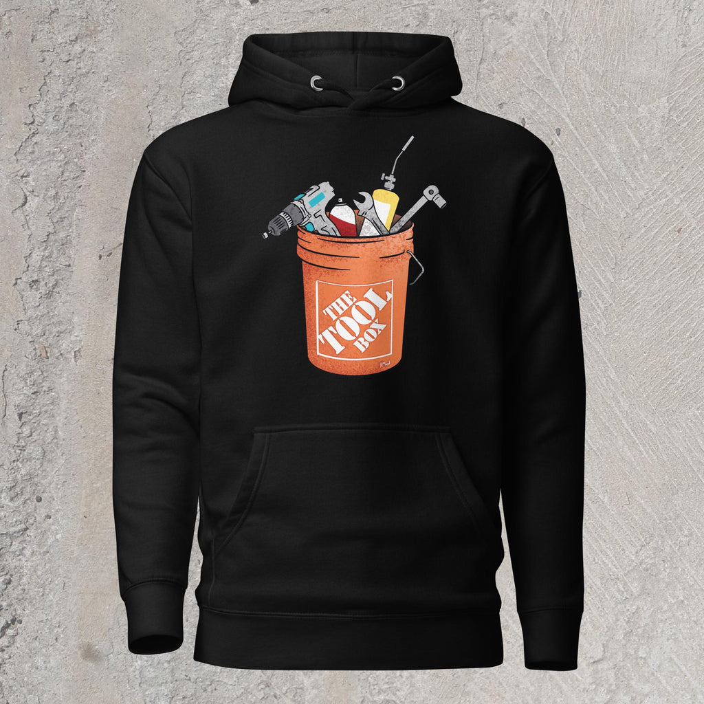 10mm funny graphic black hoodie sweatshirt with orange bucket full of tools for working on cars. Text on bucket reads “The Tool Box”

