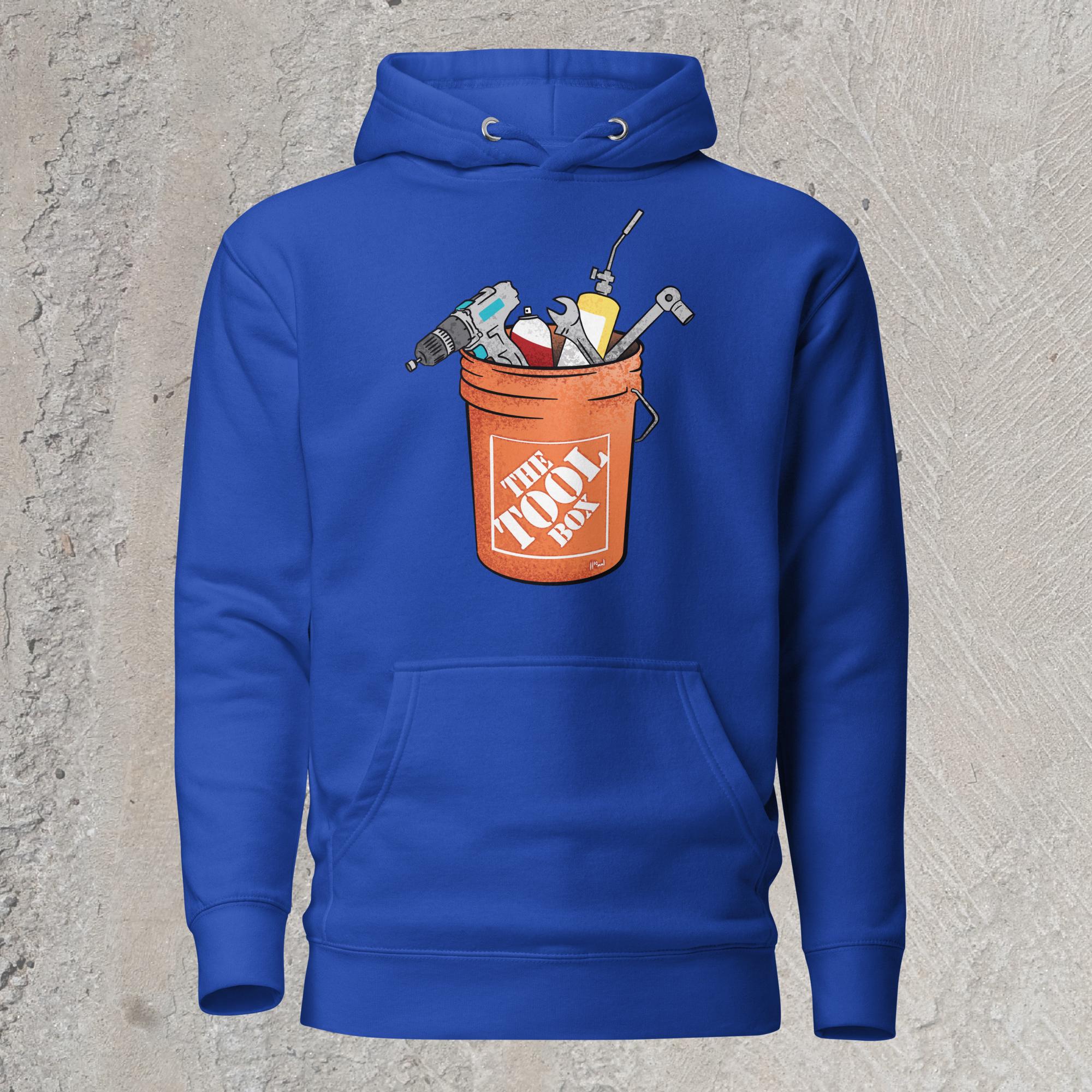10mm funny graphic blue hoodie sweatshirt with orange bucket full of tools for working on cars. Text on bucket reads “The Tool Box”