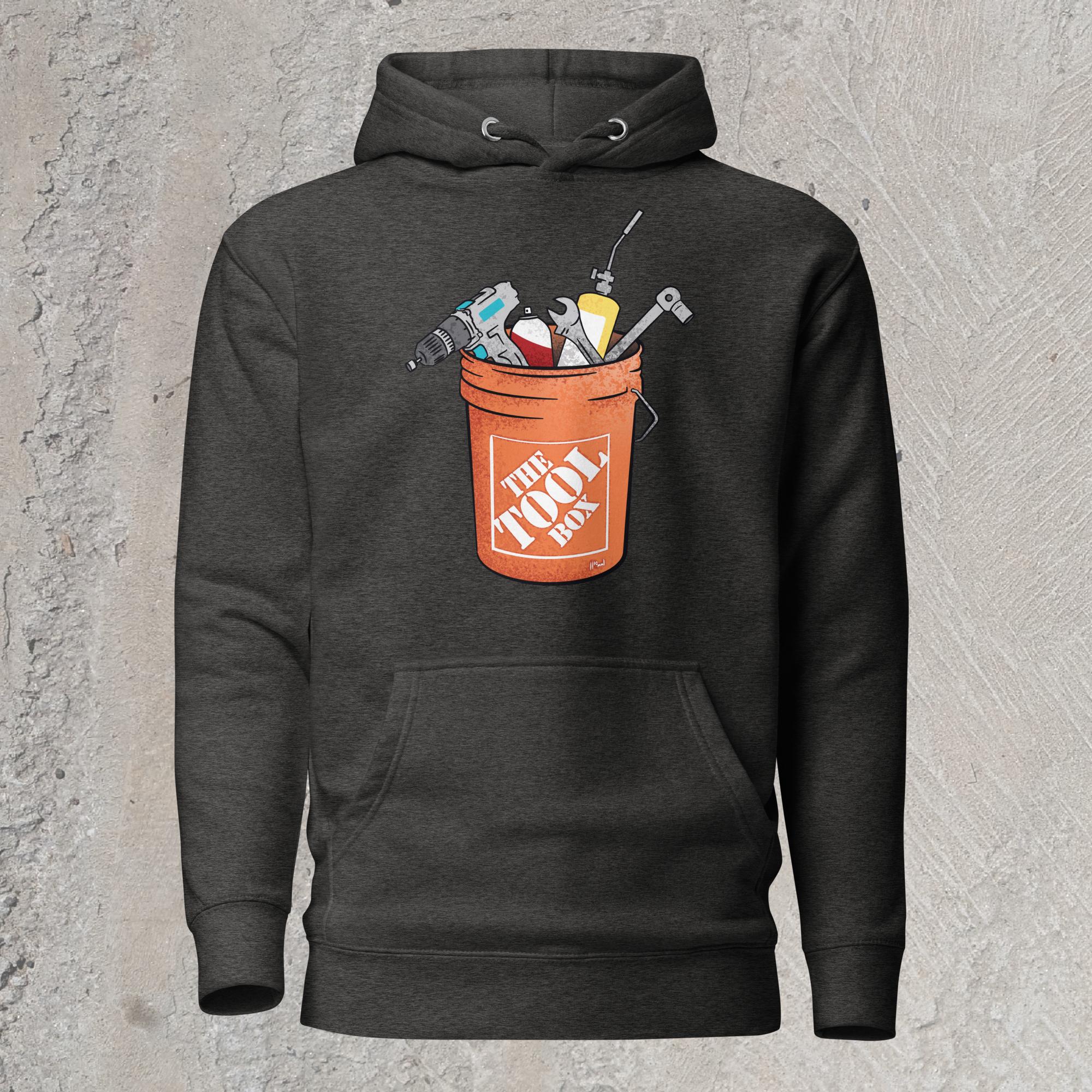 10mm funny graphic charcoal gray hoodie sweatshirt with orange bucket full of tools for working on cars. Text on bucket reads “The Tool Box”