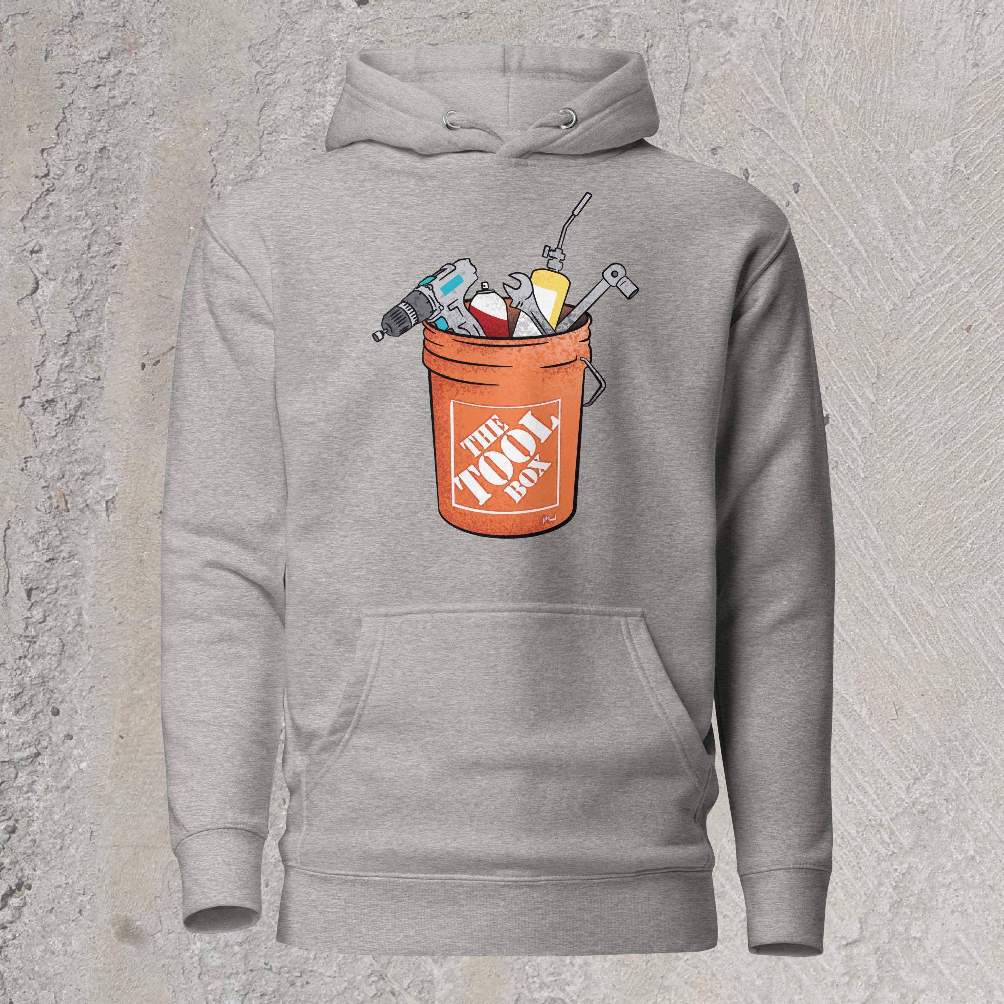 10mm funny graphic gray hoodie sweatshirt with orange bucket full of tools for working on cars. Text on bucket reads “The Tool Box”