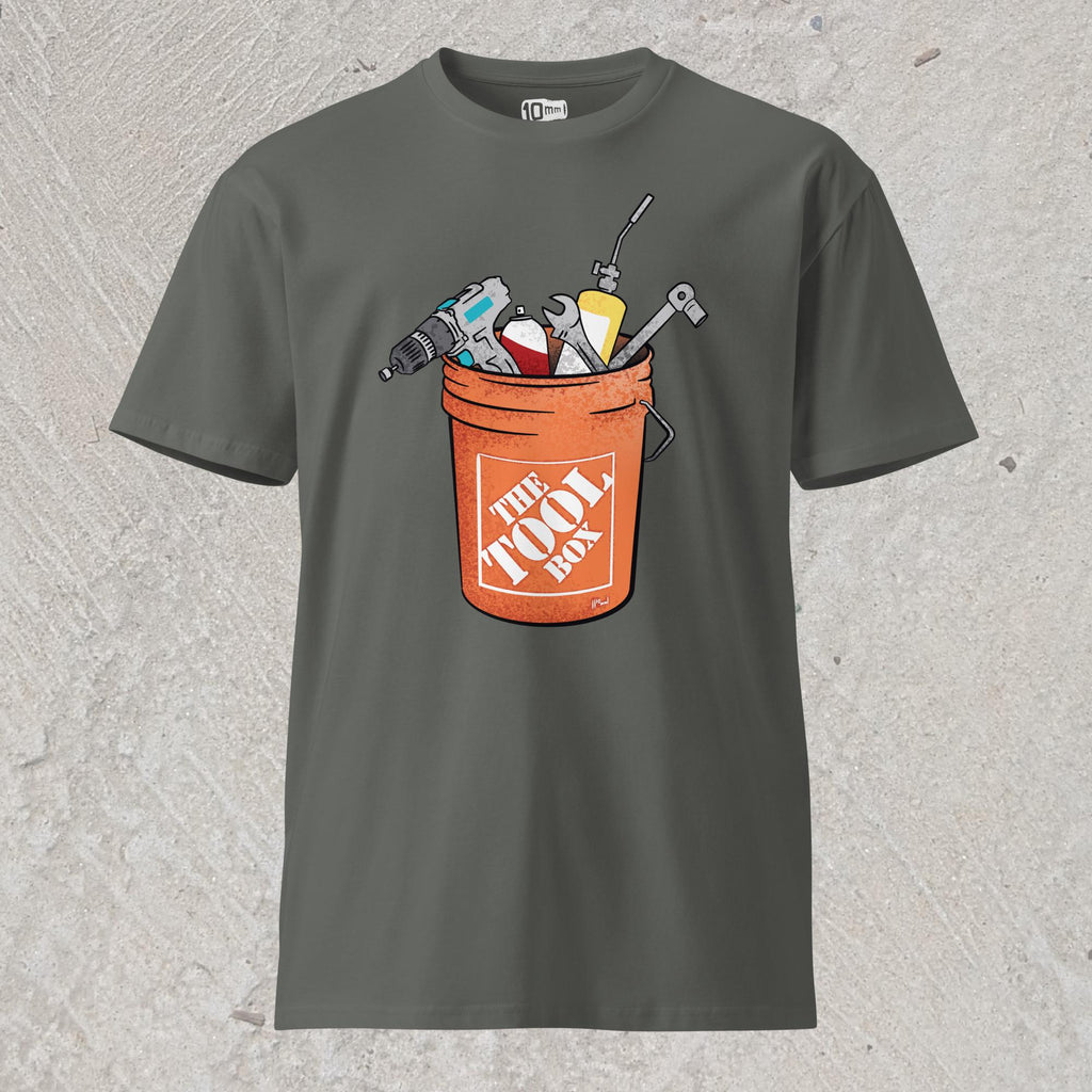 10mm funny graphic charcoal gray T-shirt with orange bucket full of tools for working on cars. Text on bucket reads “The Tool Box”