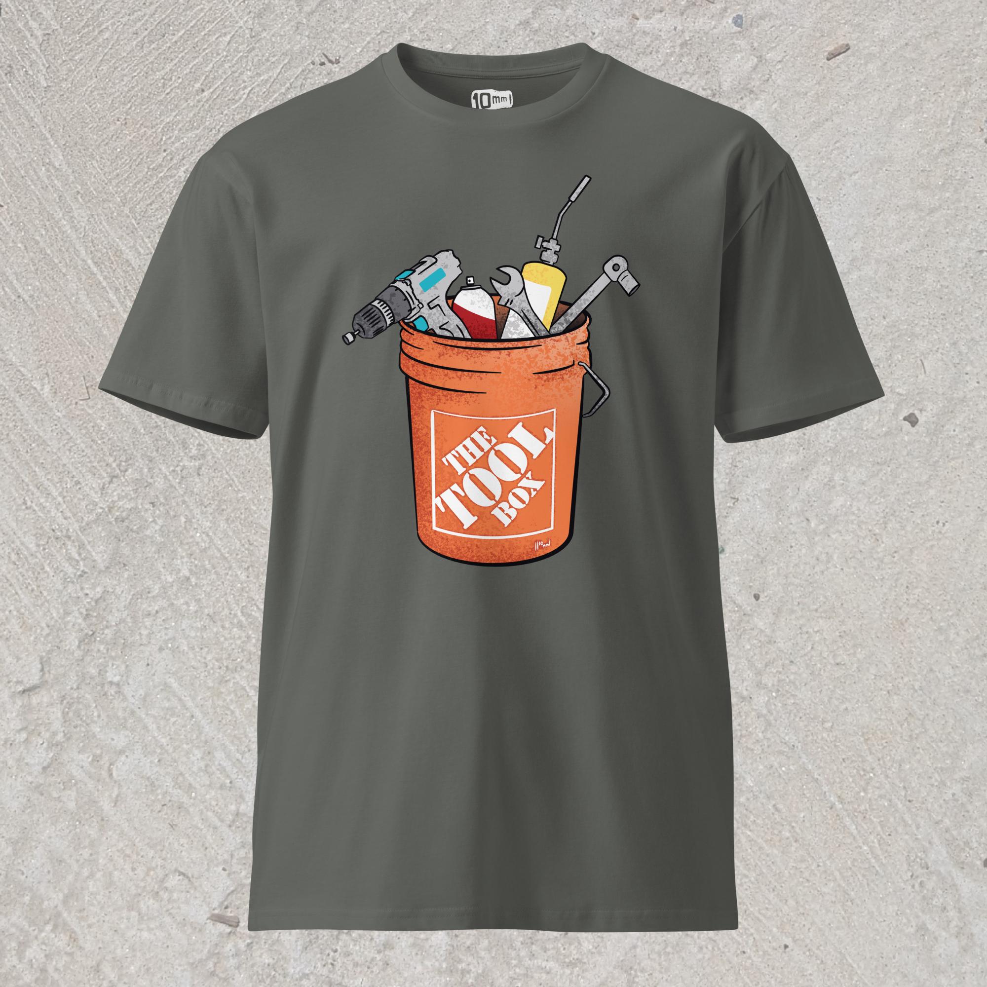 10mm funny graphic charcoal gray T-shirt with orange bucket full of tools for working on cars. Text on bucket reads “The Tool Box”