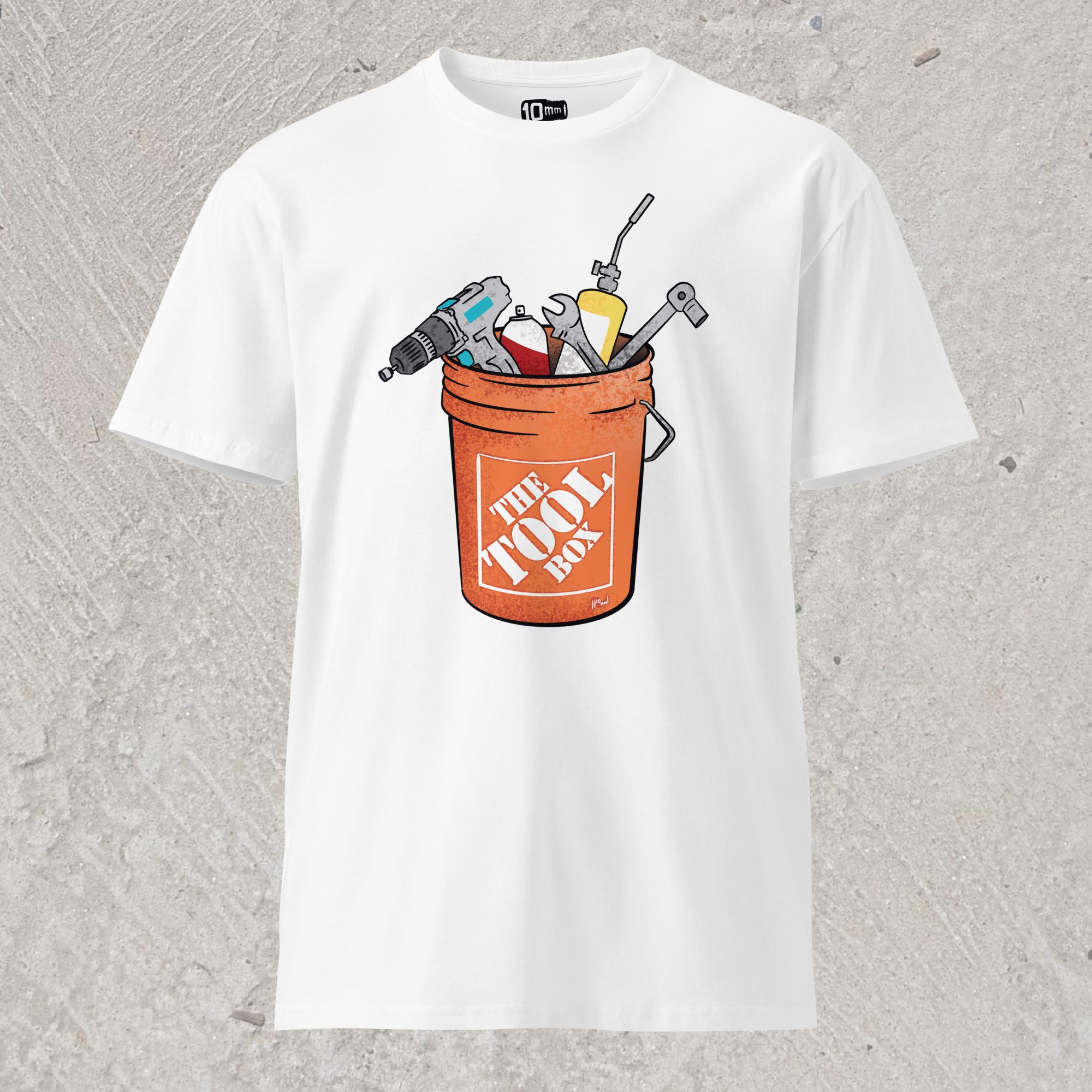 10mm funny graphic white T-shirt with orange bucket full of tools for working on cars. Text on bucket reads “The Tool Box”