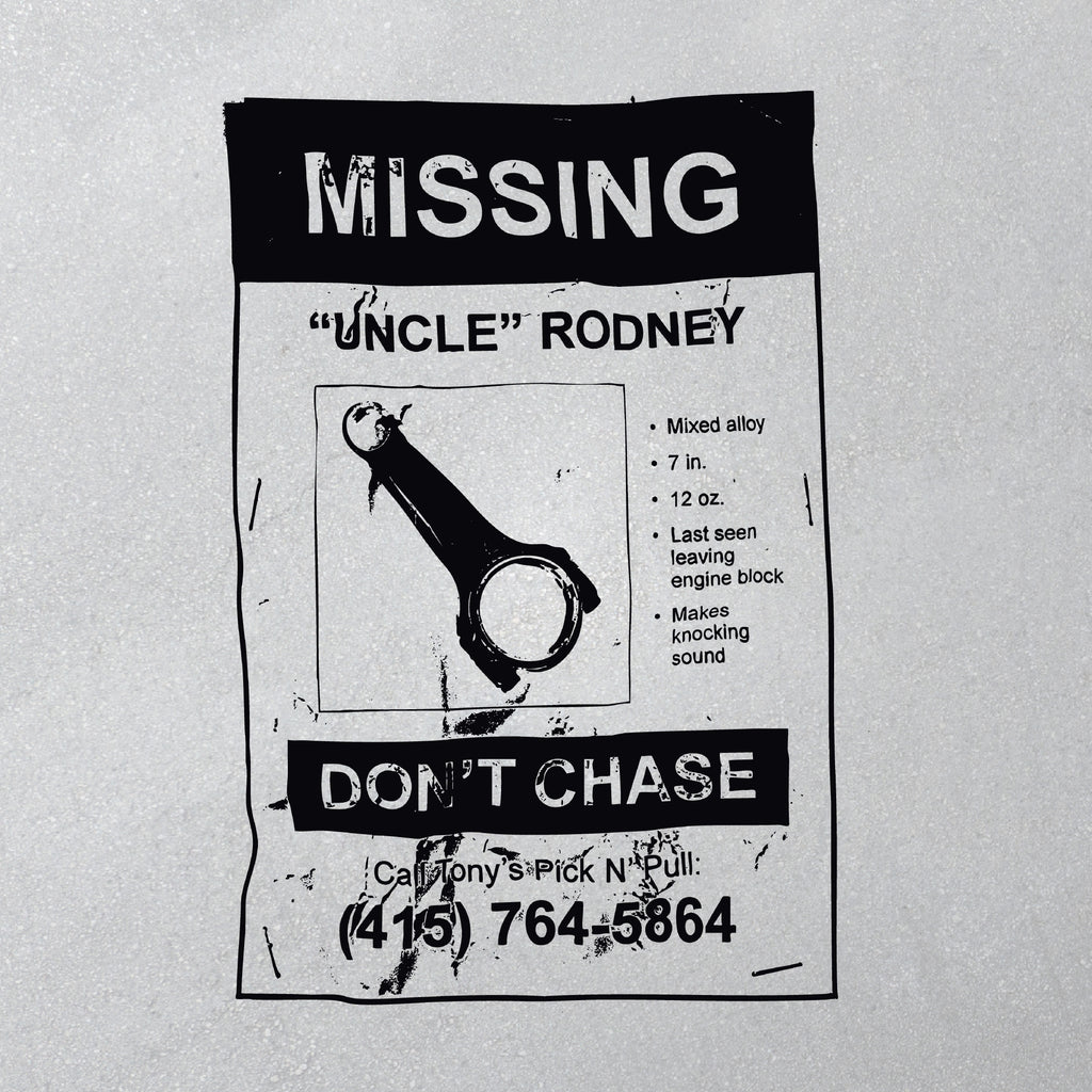 Missing poster for 'Uncle Rodney' with a description of a connecting rod on a gray background.