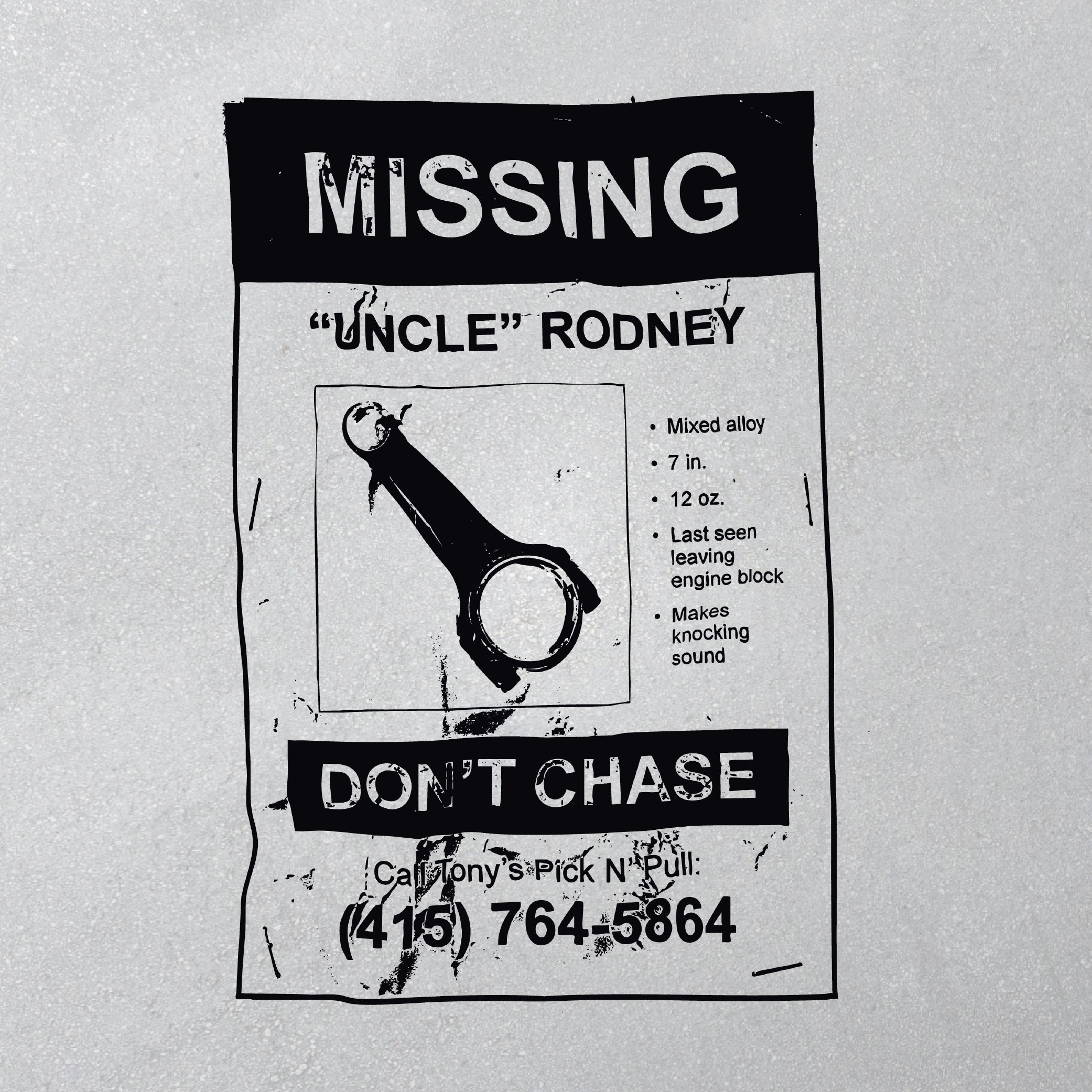 Missing poster for 'Uncle Rodney' with a description of a connecting rod on a gray background.